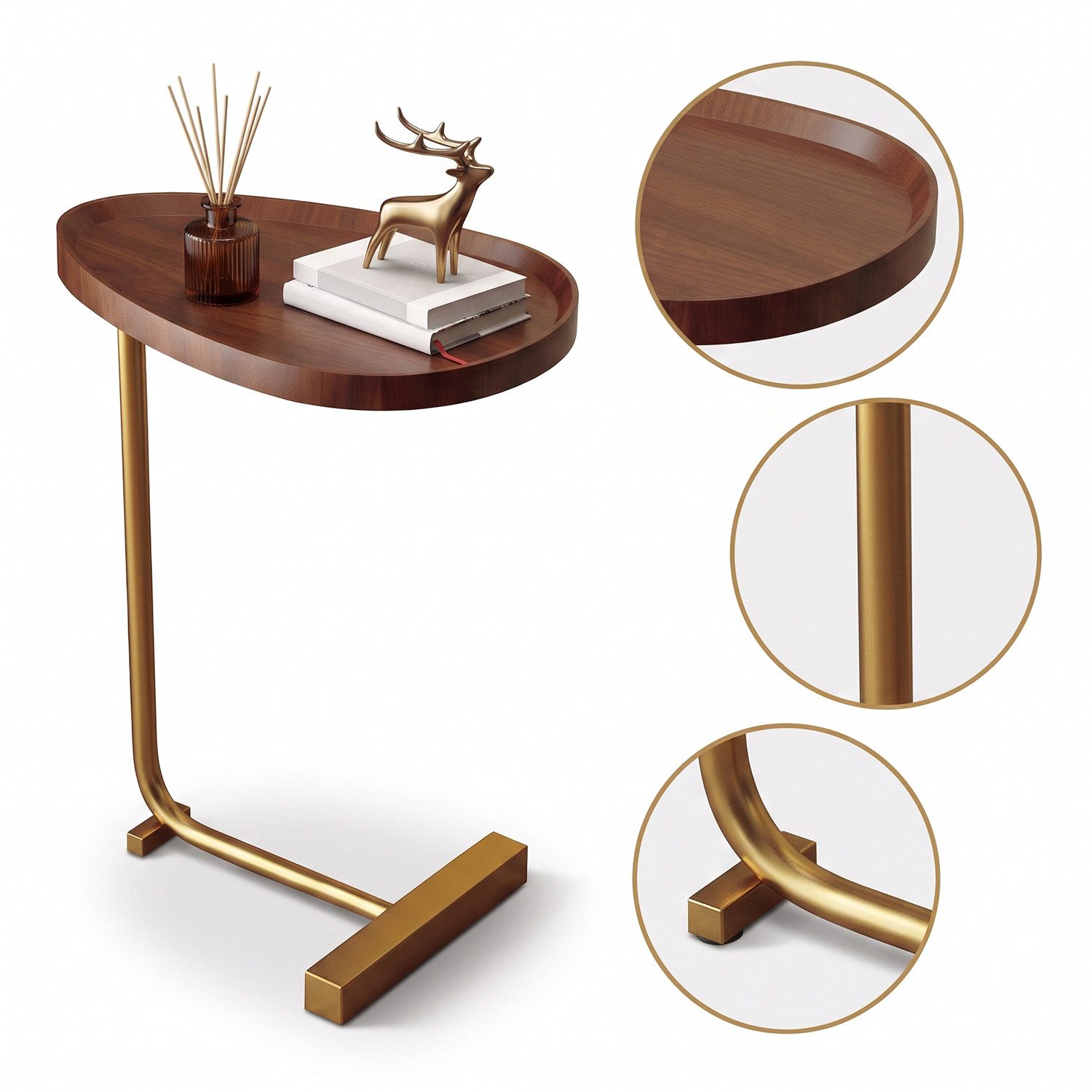 HEYHIPPO Beistelltisch C-Beistelltisch mit MDF-Platte, Metallgestell, für Sofa & Bett, stabil (Packung, Sofa-Beistelltisch Gold, 60cm hoch, kratzfest, vielseitig einsetzbar), Moderner Einschub-Couchtisch, platzsparender Beistelltisch 30×45 cm