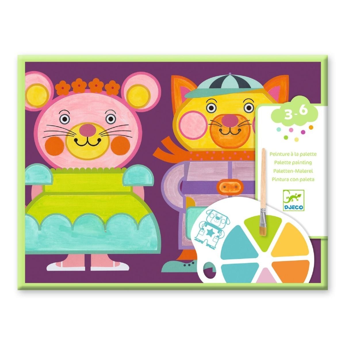 DJECO Malvorlage Malset Kinder ab 3 Jahre, 4 Tierbilder, Pinsel, Palette, kreatives Set