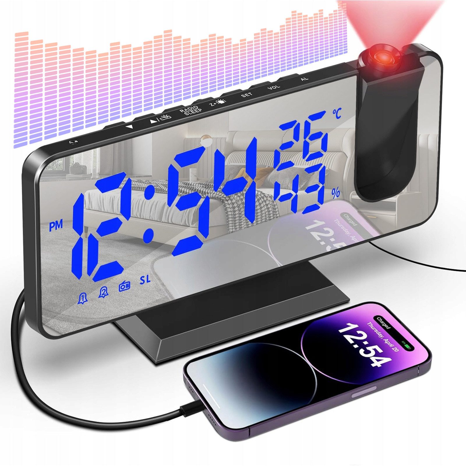 MODFU Projektionswecker Digital Wecker Radiowecker Digitalwecker Projektion LED Alarm Radio mit Akku Projektion 180 ° Dual-Alarm Temperatur 12/24H USB-Anschluss