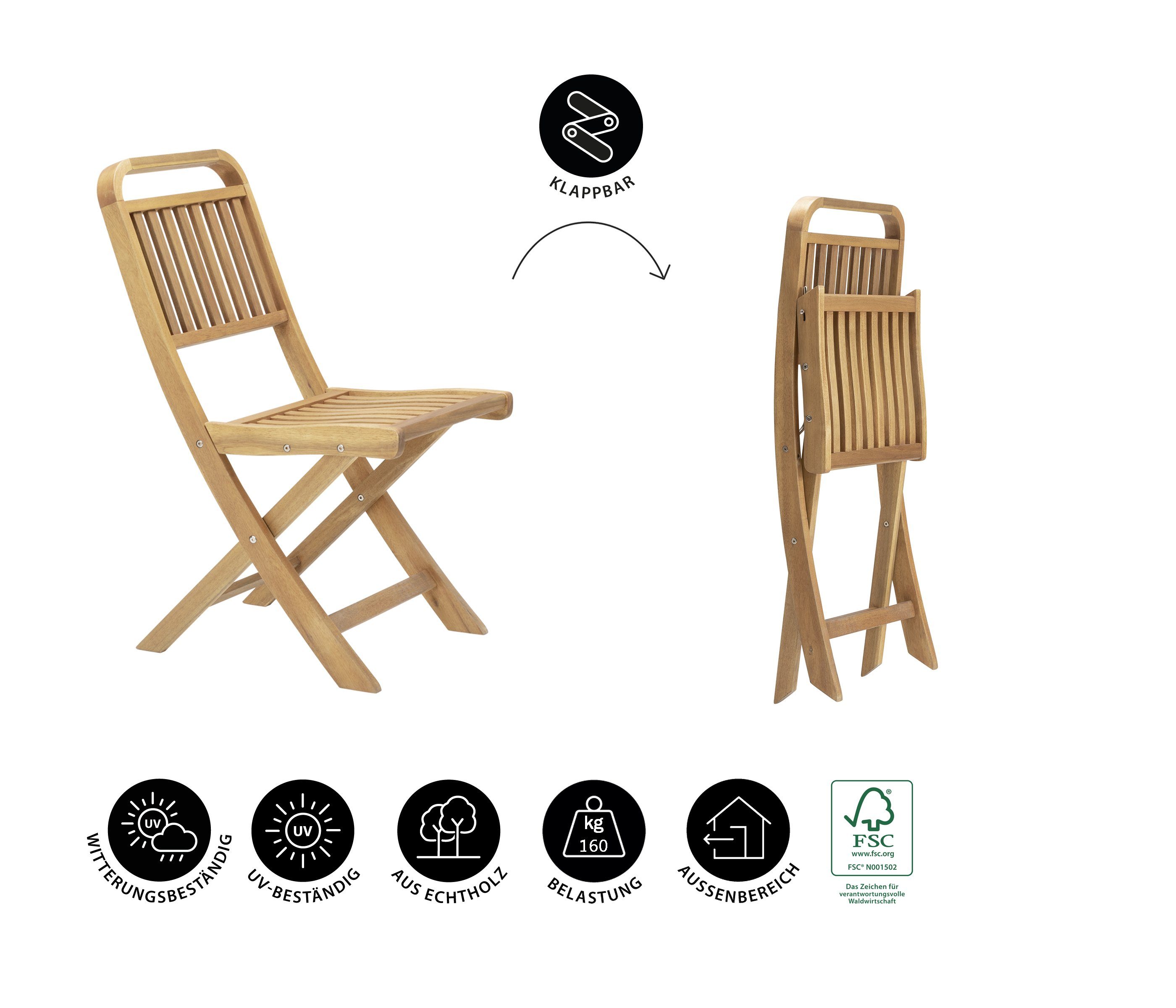 Dehner Balkonset Klappstuhl Lima, 86 x 42 x 59 cm, natur-farben, stabil und platzsparend, aus FSC®-zertifiziertem Akazienholz