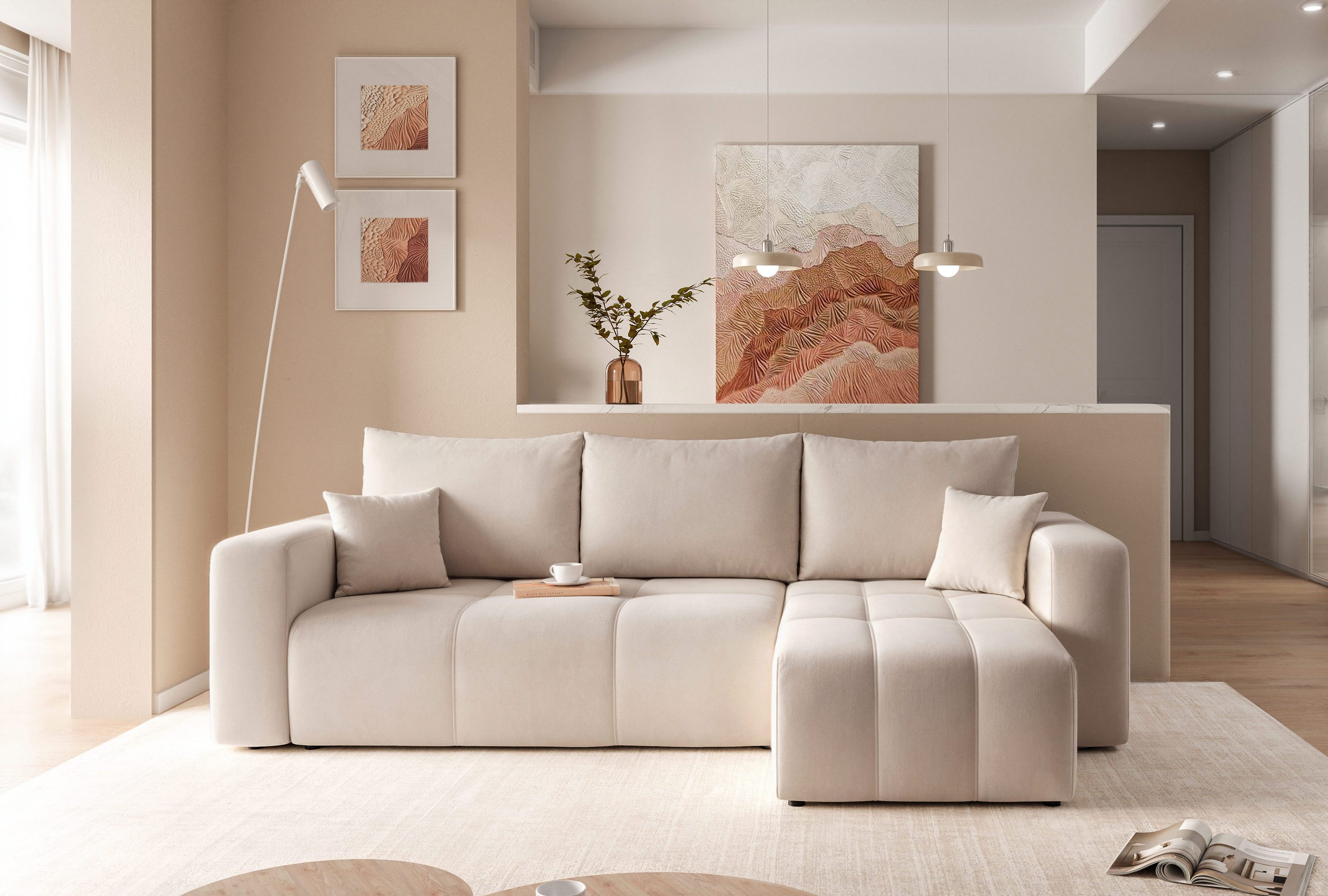 yourhouse24 Ecksofa PEDRO L – Samt-Optik, Schlaffunktion & Bettkasten, mit Schlaffunktion und Bettkasten, Seite universal
