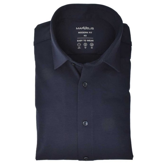 MARVELIS Businesshemd Easy To Wear Hemd - Modern Fit - Langarm - Einfarbig - Dunkelblau 4-Way-Stretch