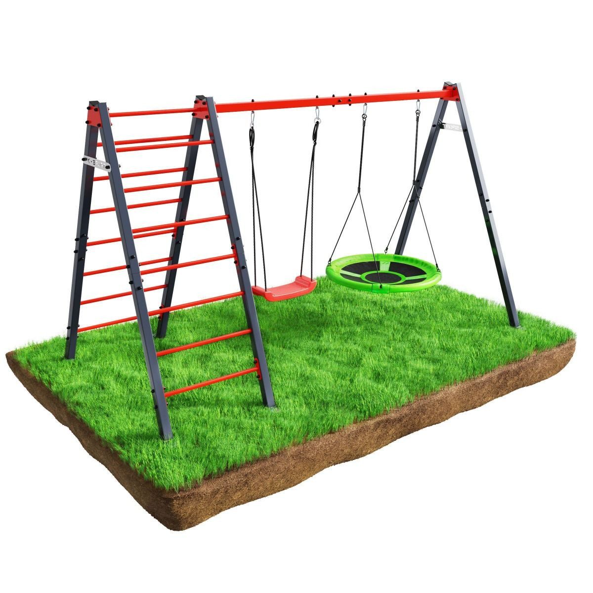 K-SPORT Schaukelkombination Doppelschaukel mit Klettergerüst, Storchennest und 1x Brettschaukel, (doppelseitige Kletterleiter, Outdoor Gestell bis 150 kg belastbar, Garten Gerüst für Kinder, inkl. 6 Bodenanker), Made in EU