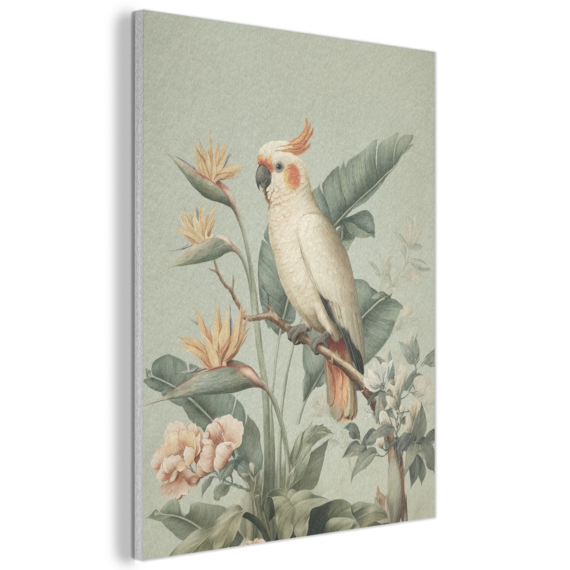 MuchoWow Gemälde Gelbhaubenkakadu - Paradiesvogel Blumen - Grün, Fotodruck (1 St), Akustikpaneele, Wandpaneele, Schalldämmung, Akustikbilder 30x40 cm