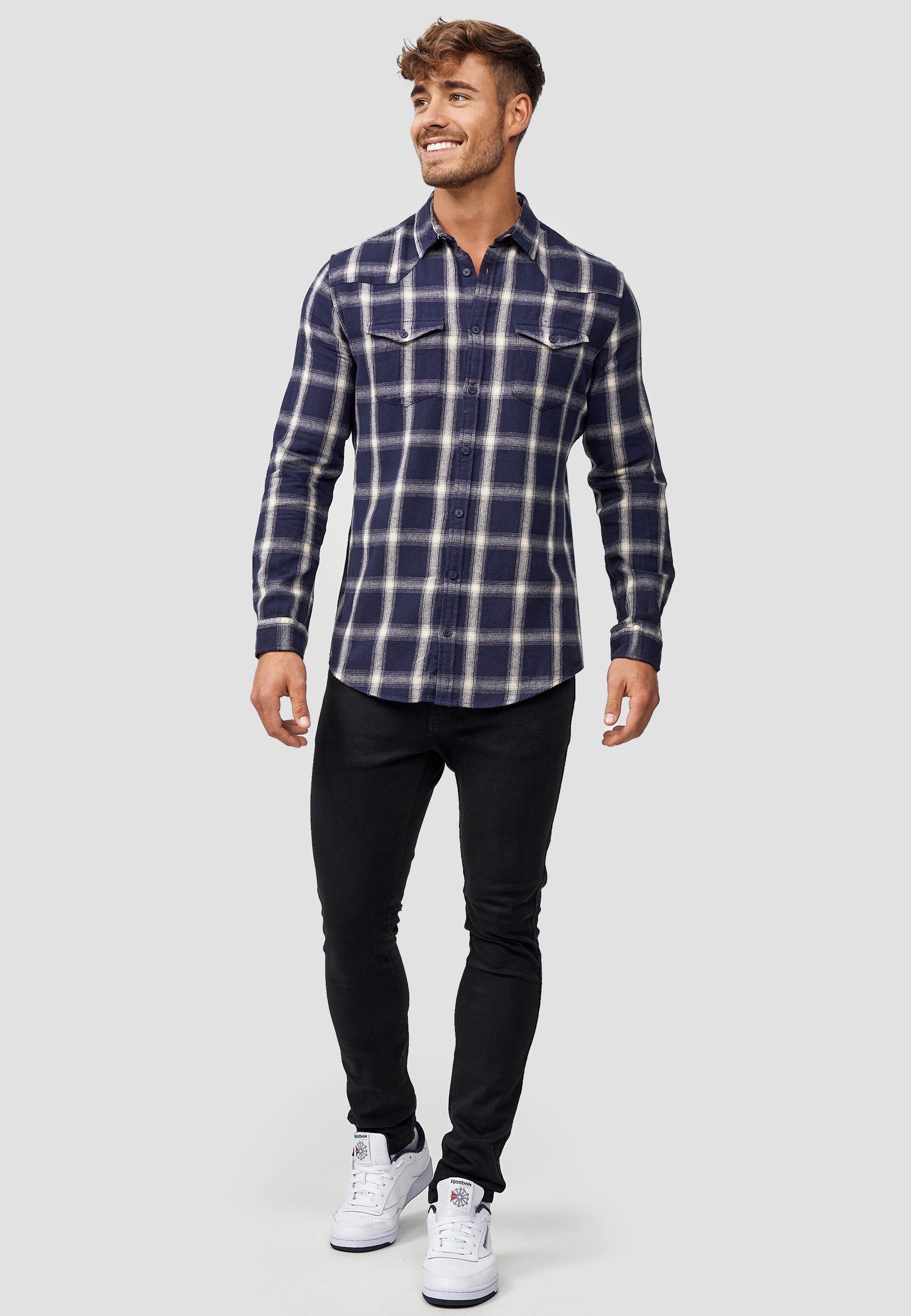 Indicode Langarmhemd Herren Altin Herrenhemd Langarm Flanellhemd im Karo-Design