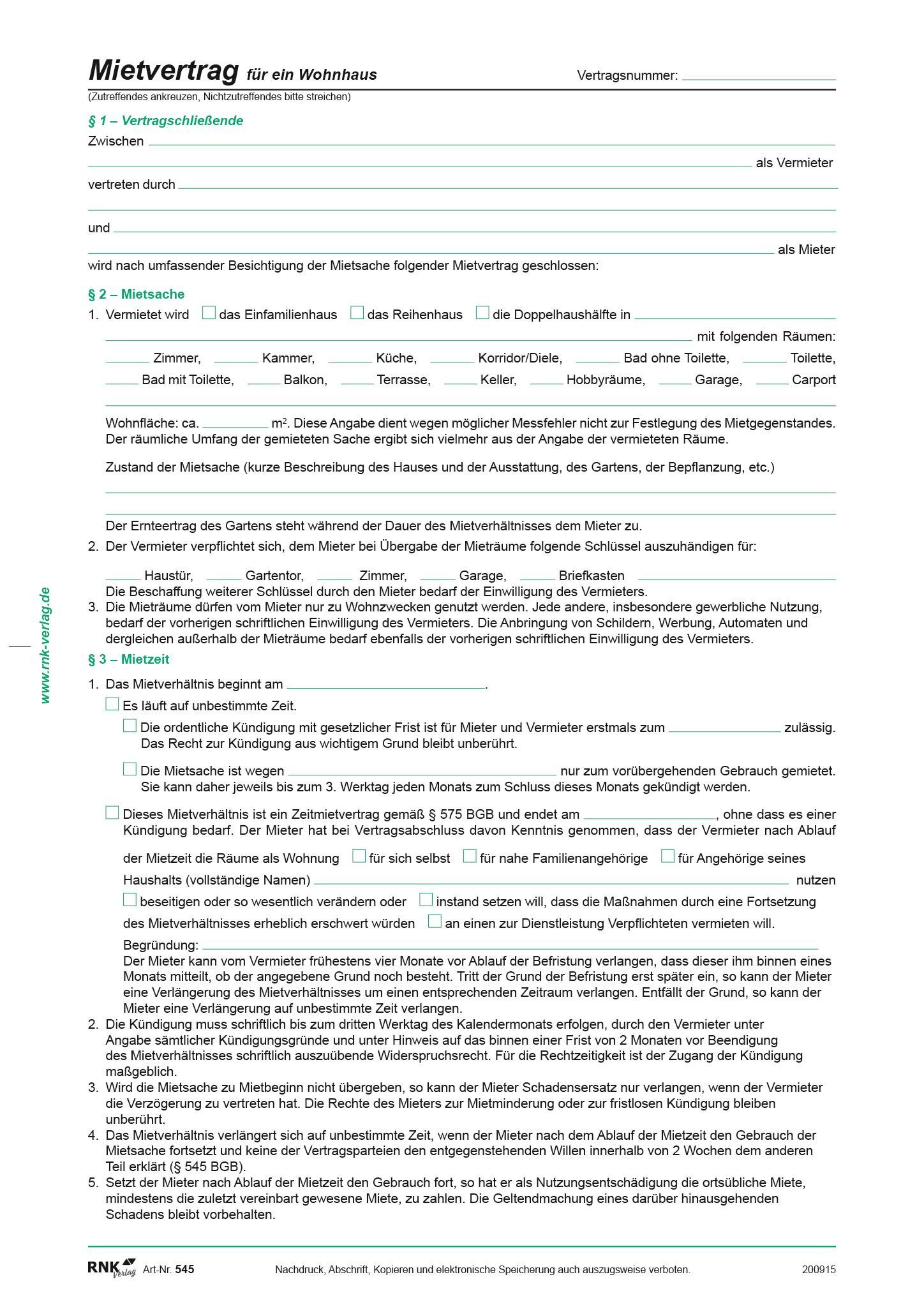 Formularblock RNK Mietvertrag Haus A4