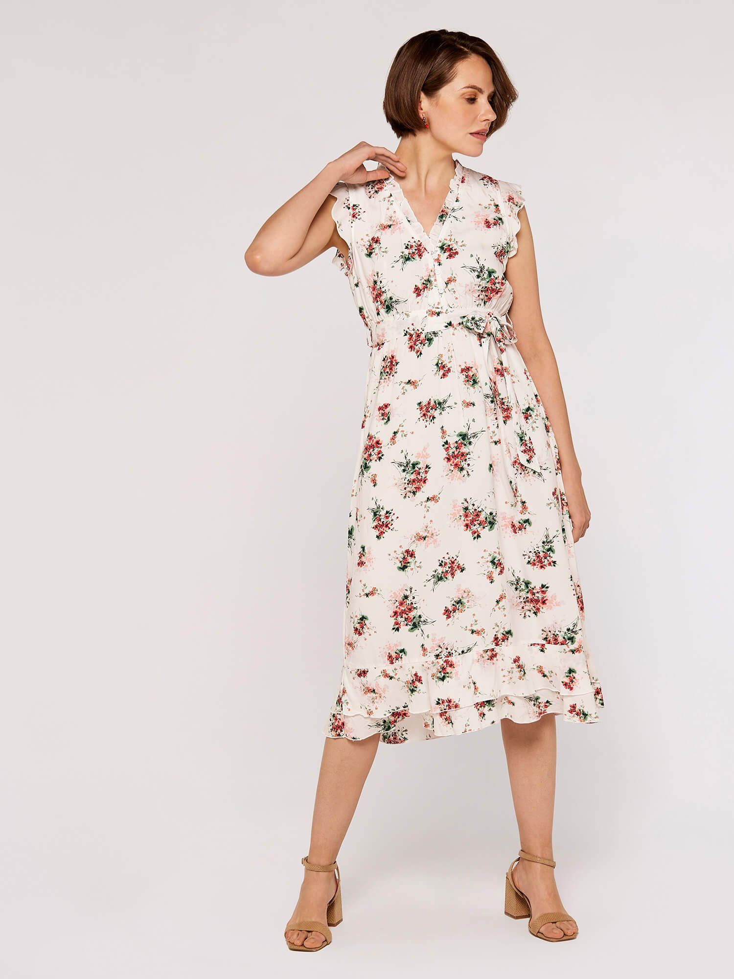 Apricot Midikleid Ditsy Floral Print Dress, mit Rüschen, mit Bindegürtel