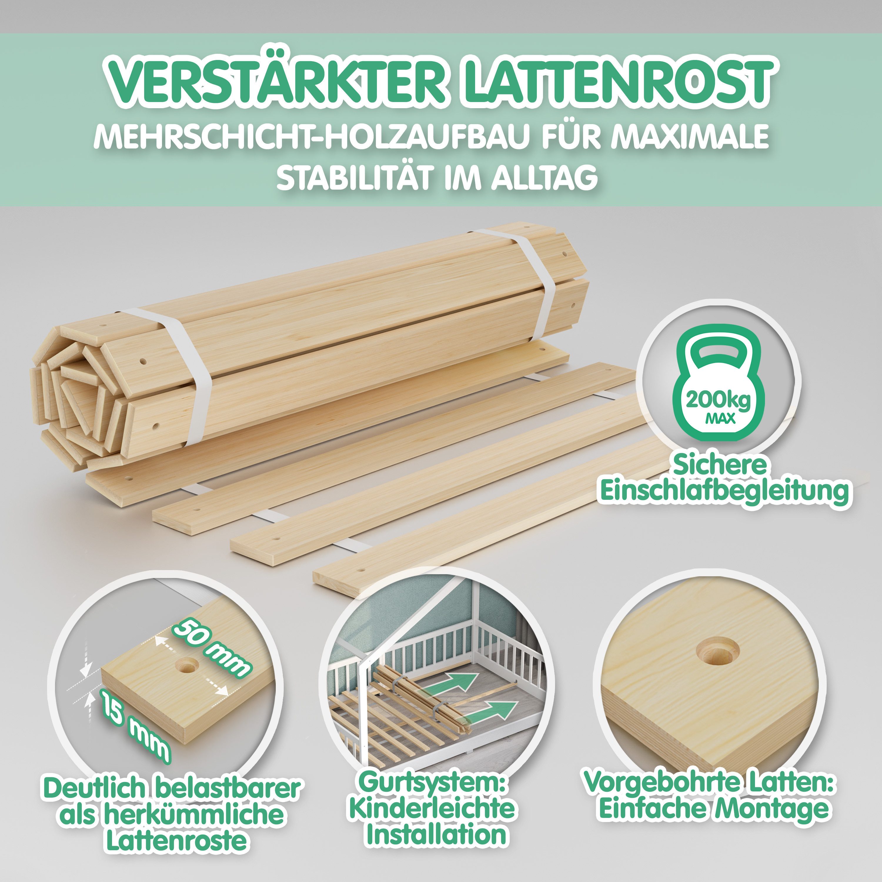CADANI Kinderbett Timi Bodenbett bis 200 kg belastbar mit abnehmbarem Rausfallschutz (90x200 cm, Montessori Kinder- & Jugendbett aus Kiefer Massivholz), inkl. stabilem Roll-Lattenrost, Weiß