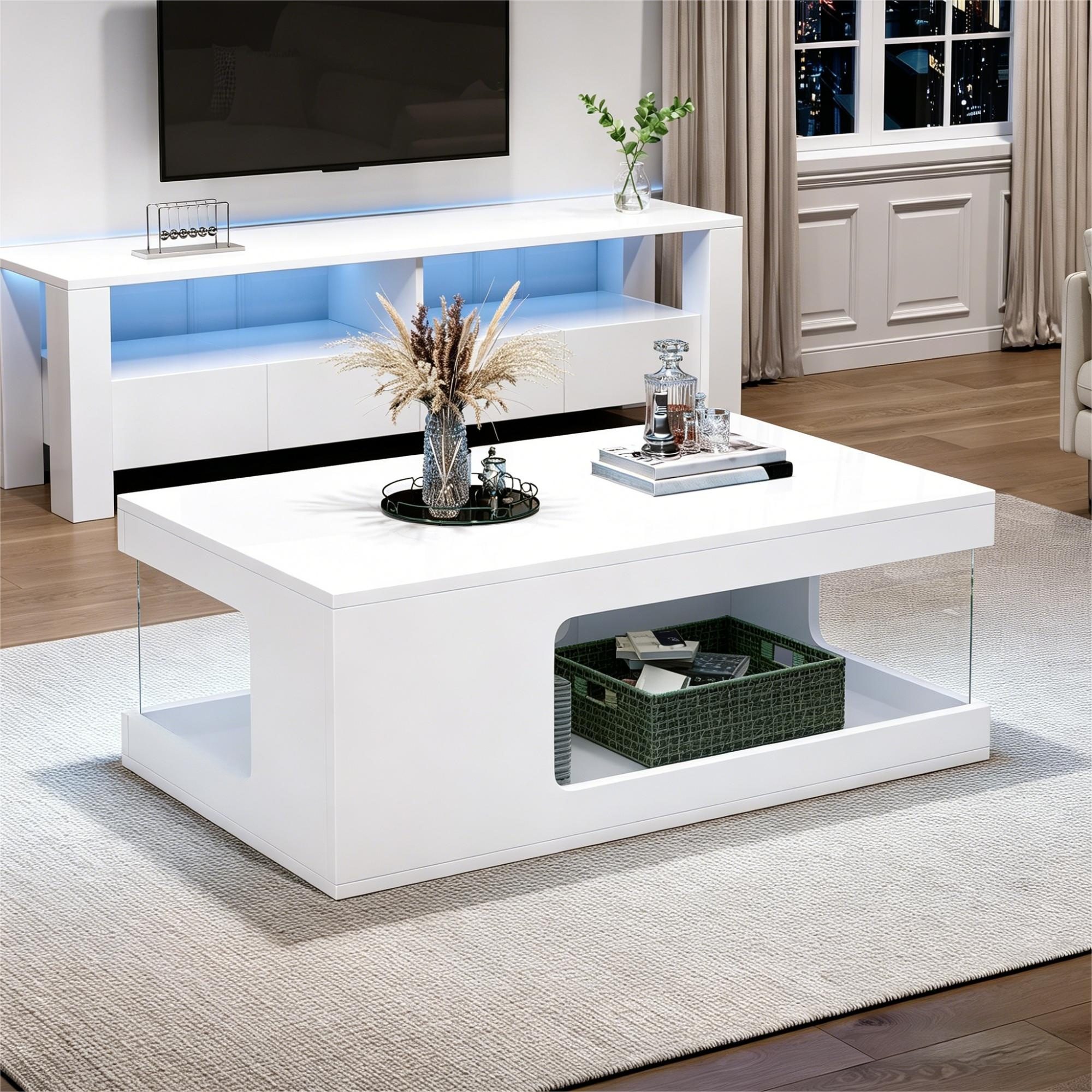 REDOM Couchtisch Wohnzimmertisch durchbrochen 50x100x35cm (Packung, 1-St., Weiß, aus Spanplatte), mit Glasablagen & LED-Lichtleiste