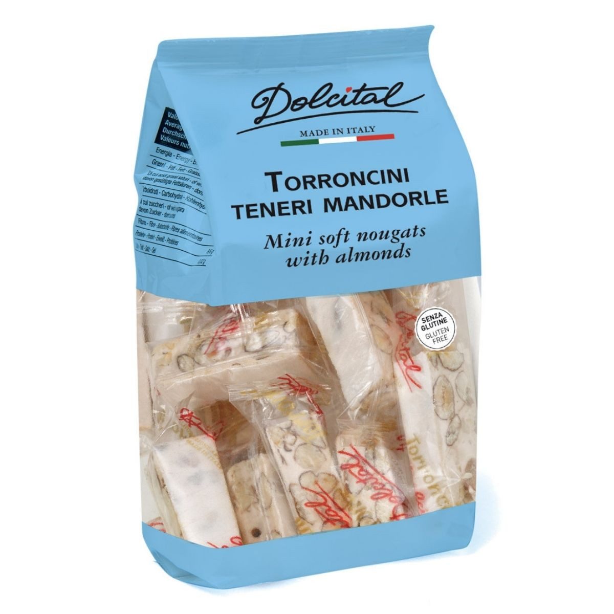 Dolcital Süßigkeit Torroncini mit Mandeln, soft, Torroncini Teneri Mini Mandorle, Nougat, 130 g, weicher weißer Nougat, einzeln verpackt