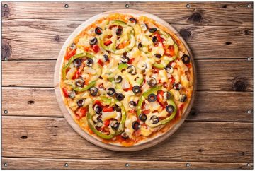Wallario Sichtschutzzaunmatten Italienische Pizza mit Peperoni, Oliven. Paprika und Käse, rund