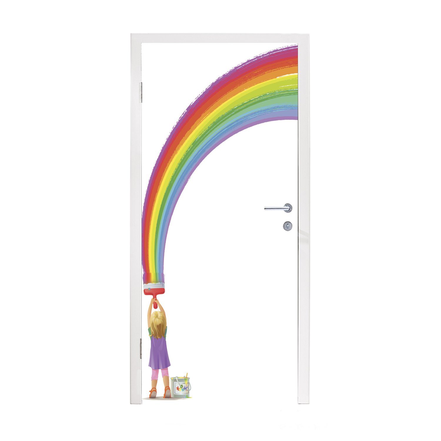 Matt, cm Türtapete MuchoWow bedruckt, Tür, das (1 Mädchens, Regenbogen einen Türaufkleber, malt, Eine eines St), 75x205 für Fototapete Illustration