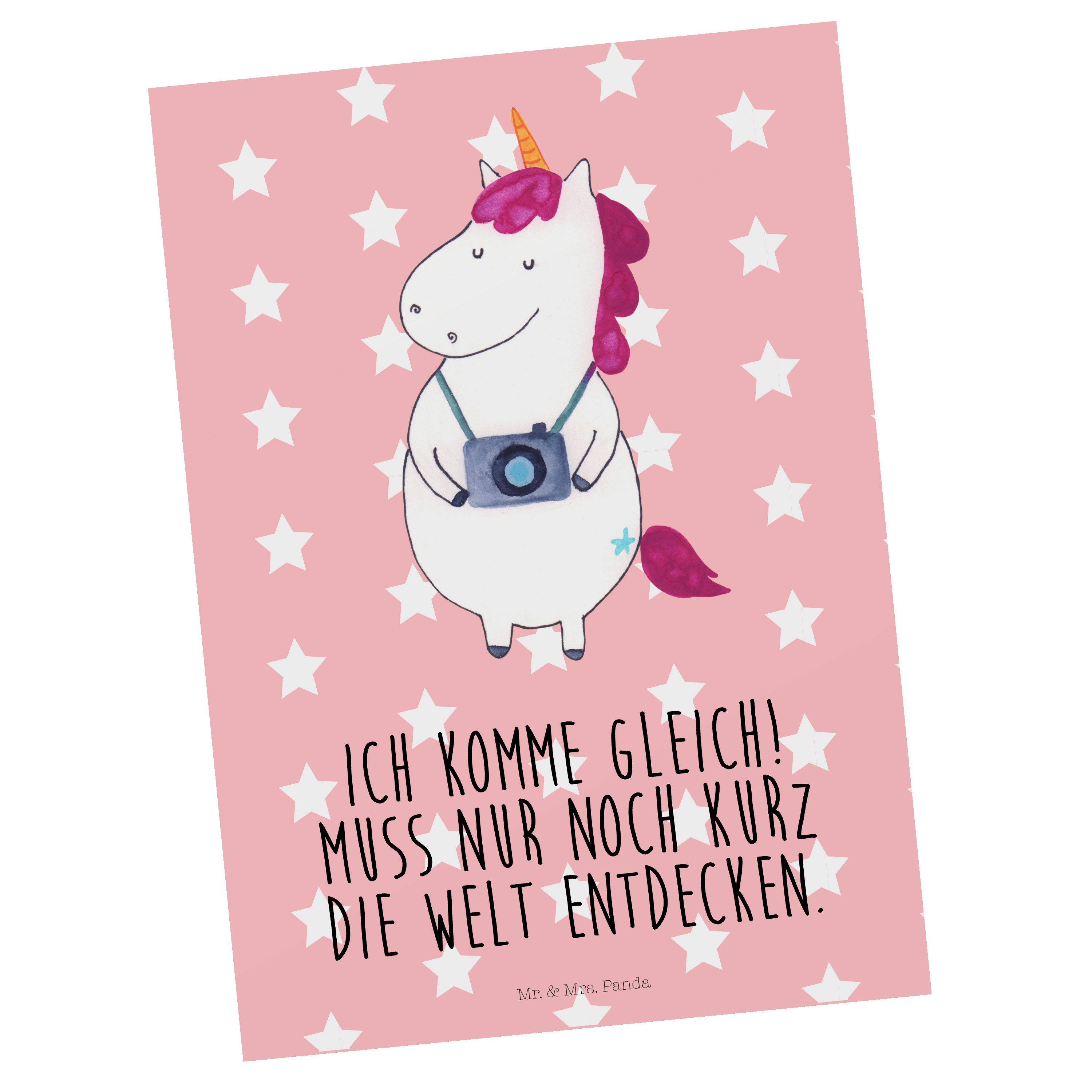 Mr. & Mrs. Panda Postkarte Einhorn Fotograf - Rot Pastell - Geschenk, Geburtstagskarte, Geschenk