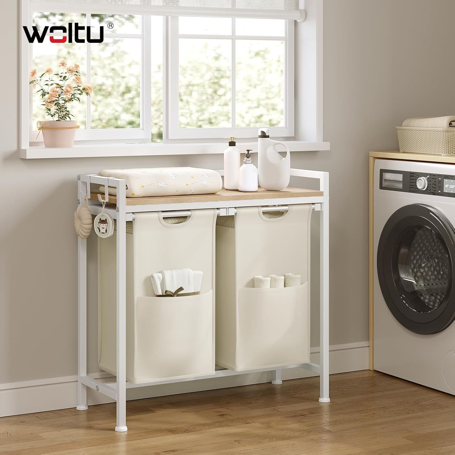 Woltu Wäschekorb, mit Ablage, 2 Fächer, jedes 40 L, Wäschesammler ausziehba günstig online kaufen