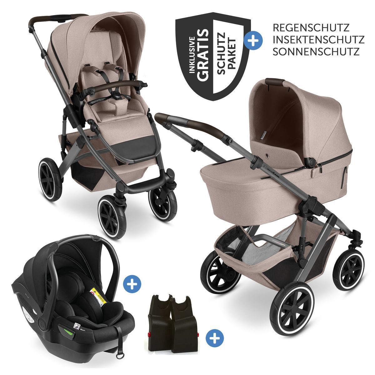 ABC Design Kombi-Kinderwagen Salsa 5 Air Set - Camel, 3in1 Kinderwagen Buggy mit Babywanne, Babyschale, Sportsitz & Zubehör