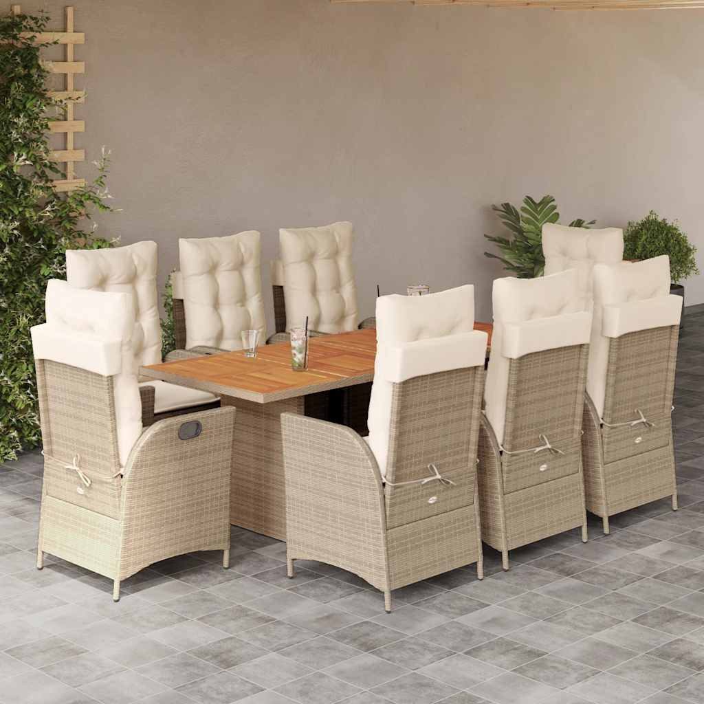 vidaXL Garten-Essgruppe 9-tlg. Garten-Essgruppe mit Kissen Beige Poly Rattan, (8-tlg)