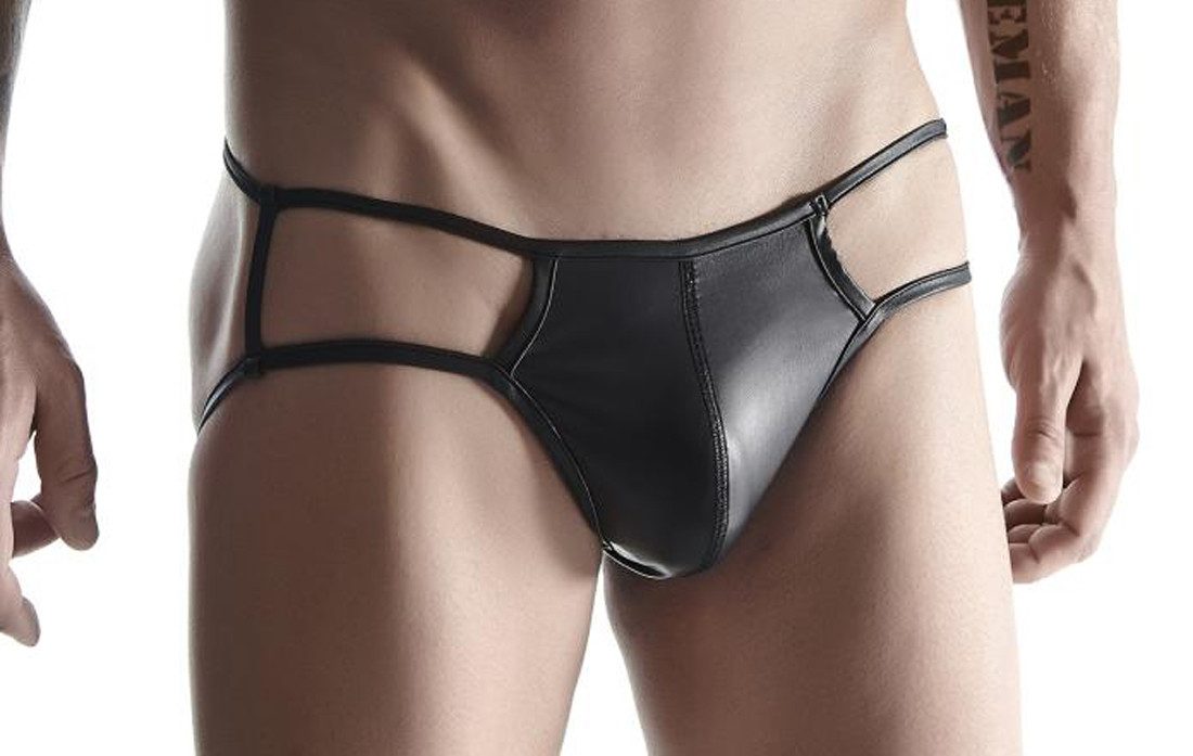 Slip Männer Dessous wetlook Jock Slip in schwarz mit Bänder Herren Slip ero