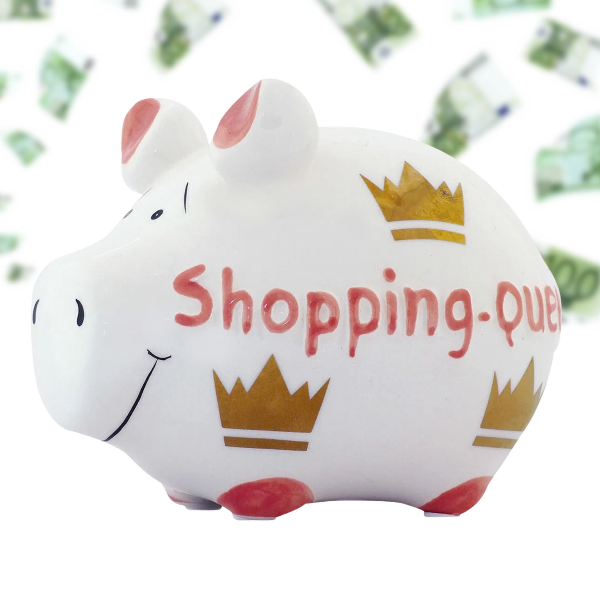 matches21 HOME & HOBBY Spardose Lustige Spardose Sparschwein SHOPPING-QUEEN weiss rosa gold 12,5 cm, Keramik Kinder Erwachsenen Sparbüchse - Gummistopfen zum Öffnen