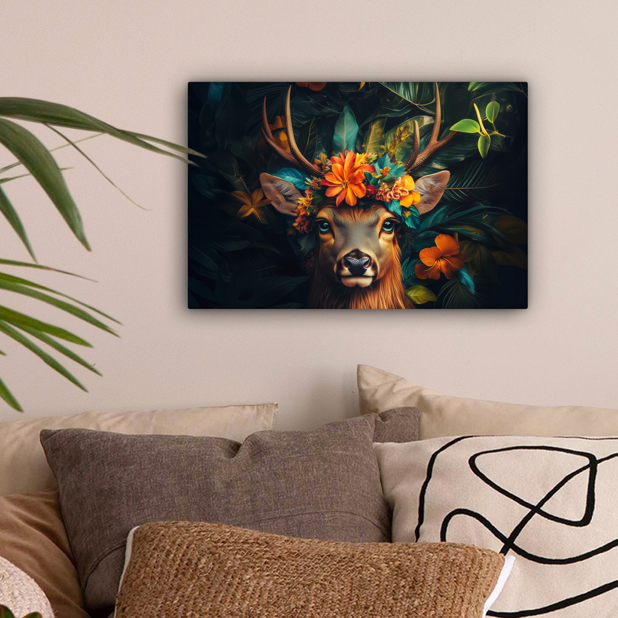 OneMillionCanvasses® Leinwandbild Hirsch - Blumen - Natur - Botanisch - Tier, Fotodruck (1 St), Leinwand Canvas Wandbild, Wanddekoration 20x30 cm – Bild 2 von 5