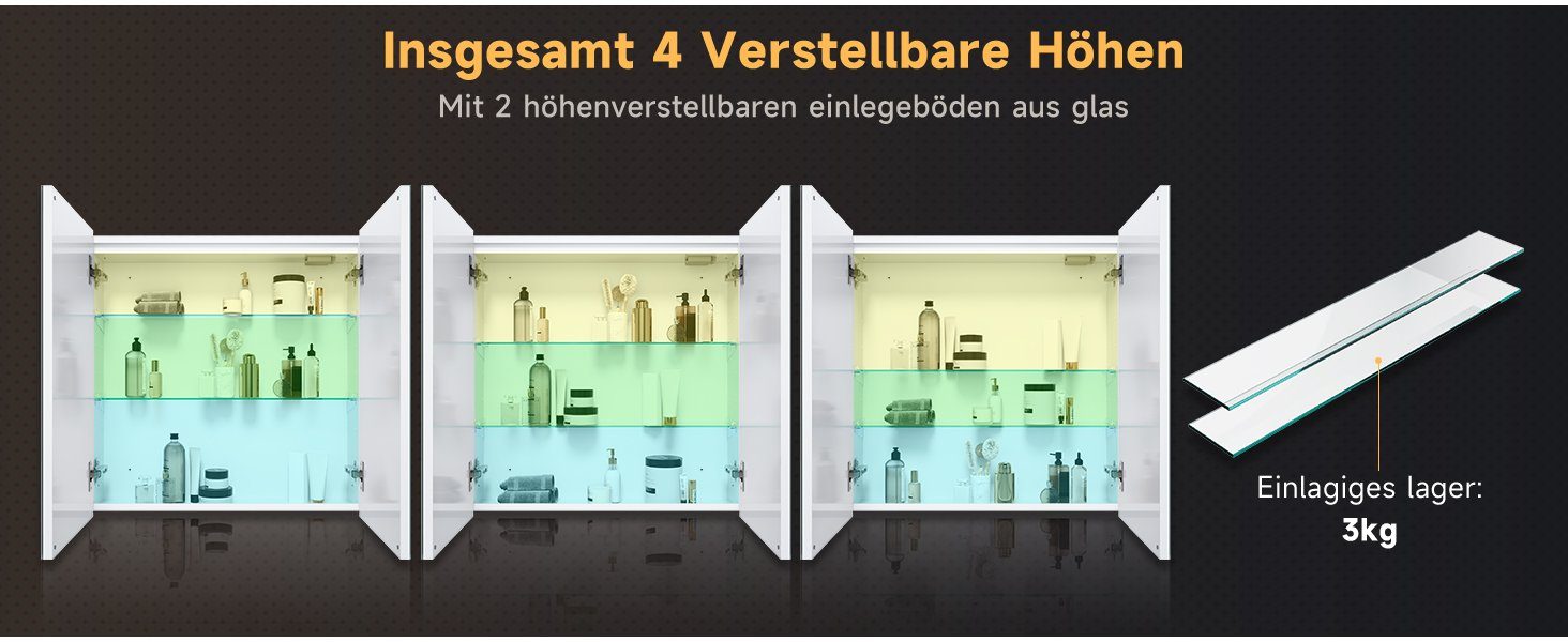 dreifarbig Doppeltüriger Badezimmer-Spiegelschrank beleuchteter SONNI Badezimmerspiegelschrank