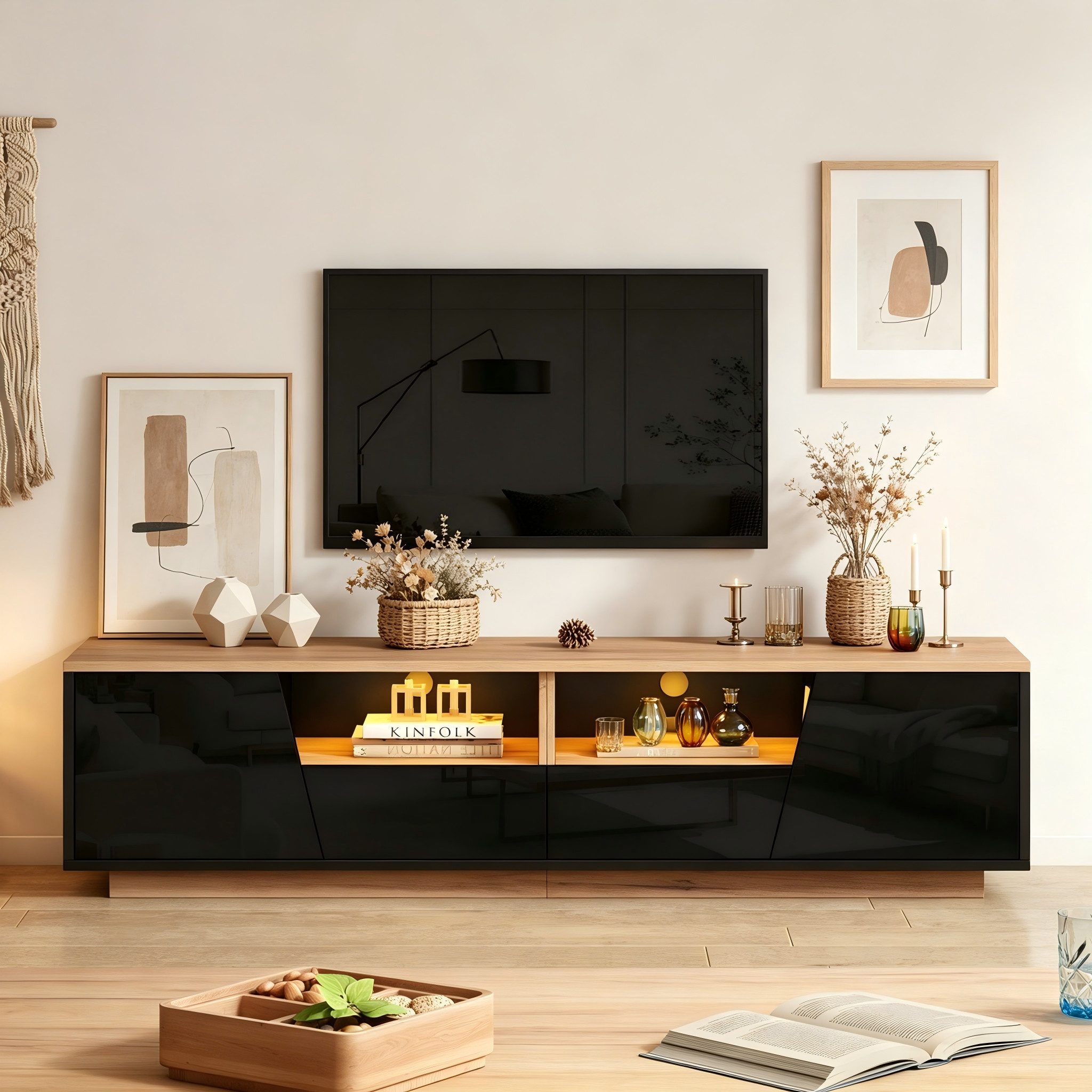 STILVORA Lowboard Hochglanz-TV-Schrank mit 2 Schubladen Fernsehschrank mit LED (TV-Möbel mit kombiniertem Stauraum, 1 St., 180×40×46cm, 2 Schränke, App-Licht, Spanplatte), für Wohnzimmer, Wohnbereich, Multimedia-Bereich
