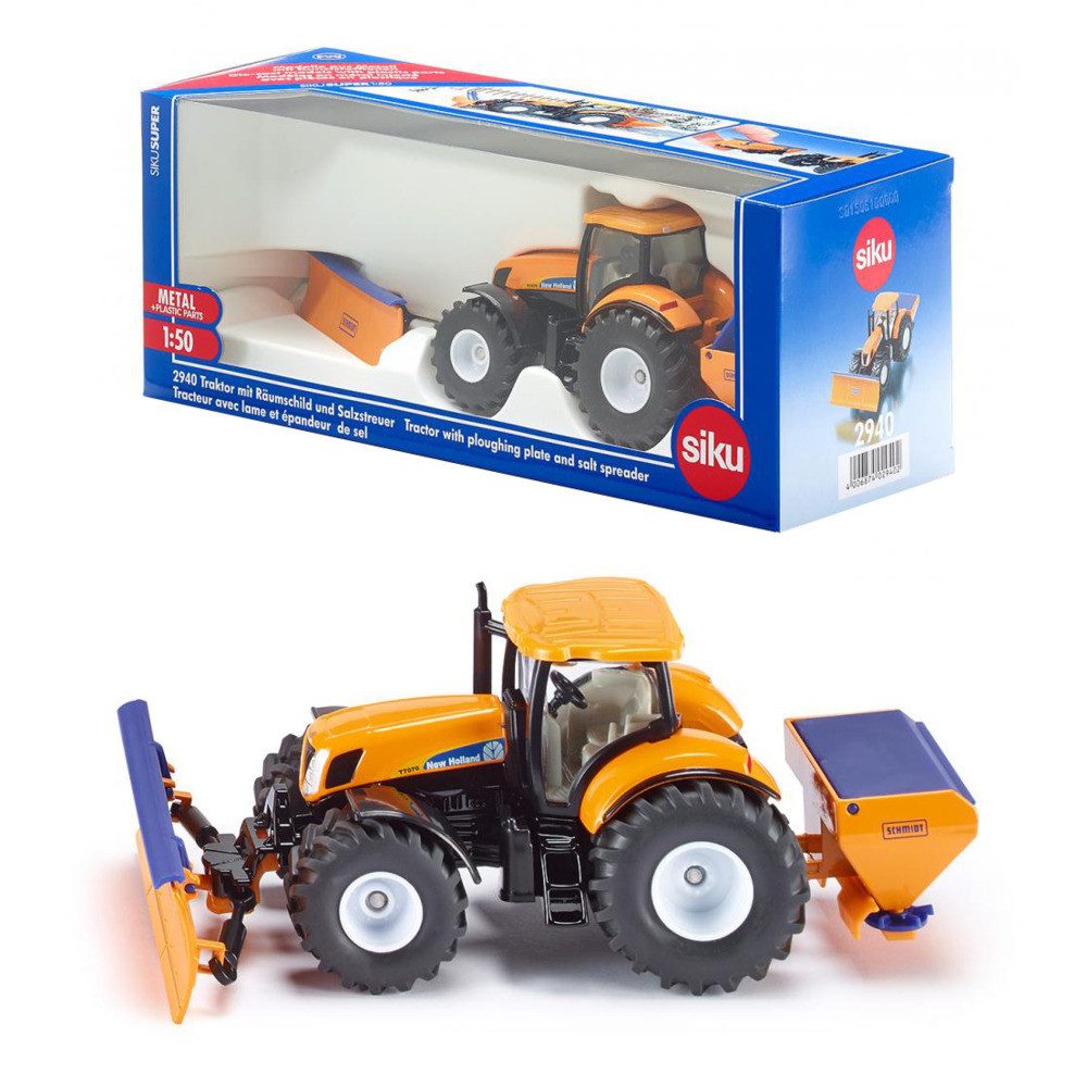 SIEPER Modelltraktor siku New Holland mit Räumschild + Streuer 1:50