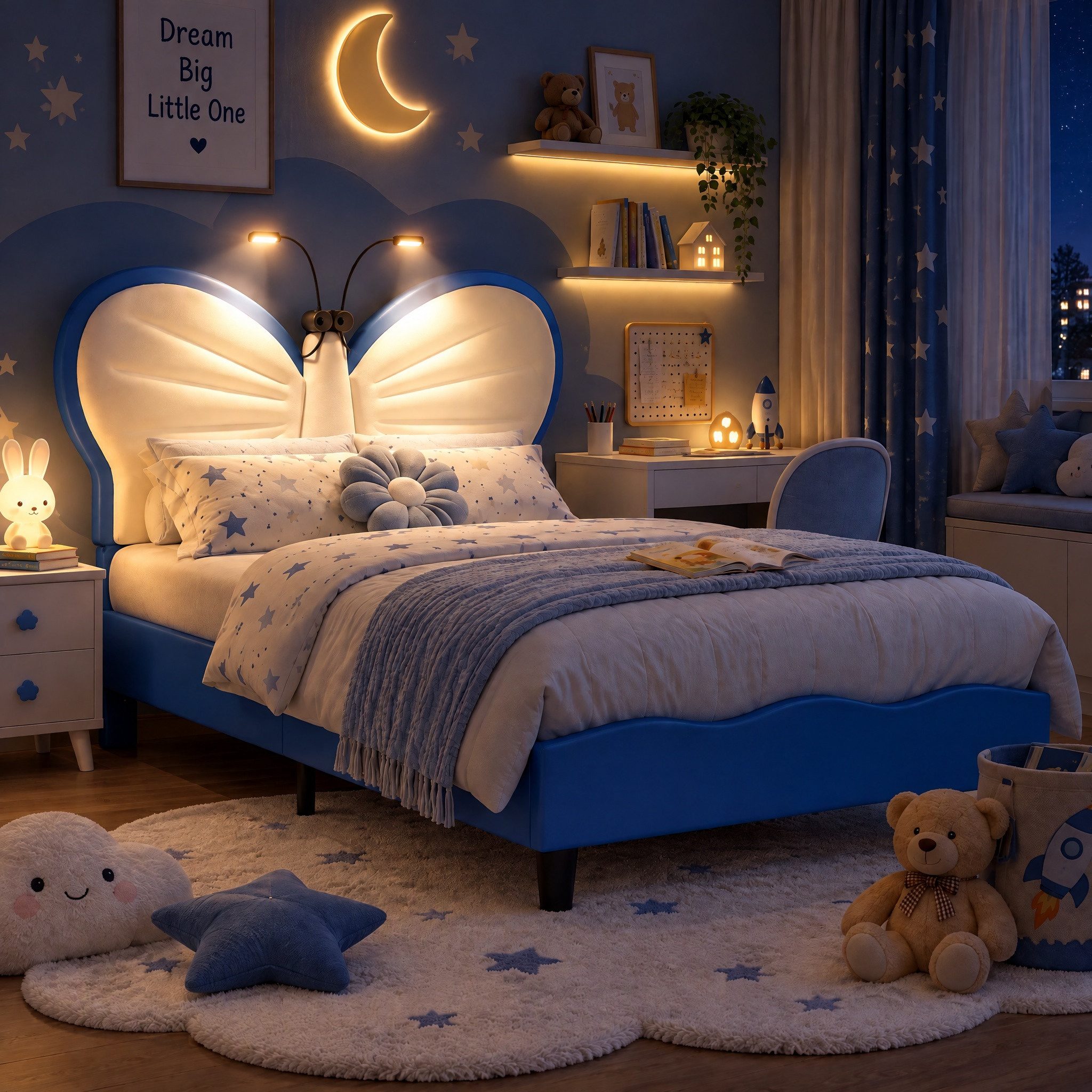 PXloue Polsterbett Kinderbett Jugendbett (Kopfteil hochstellbar), Schmetterlingsförmiges Kopfteil,mit LED und Lattenrost,90x200cm
