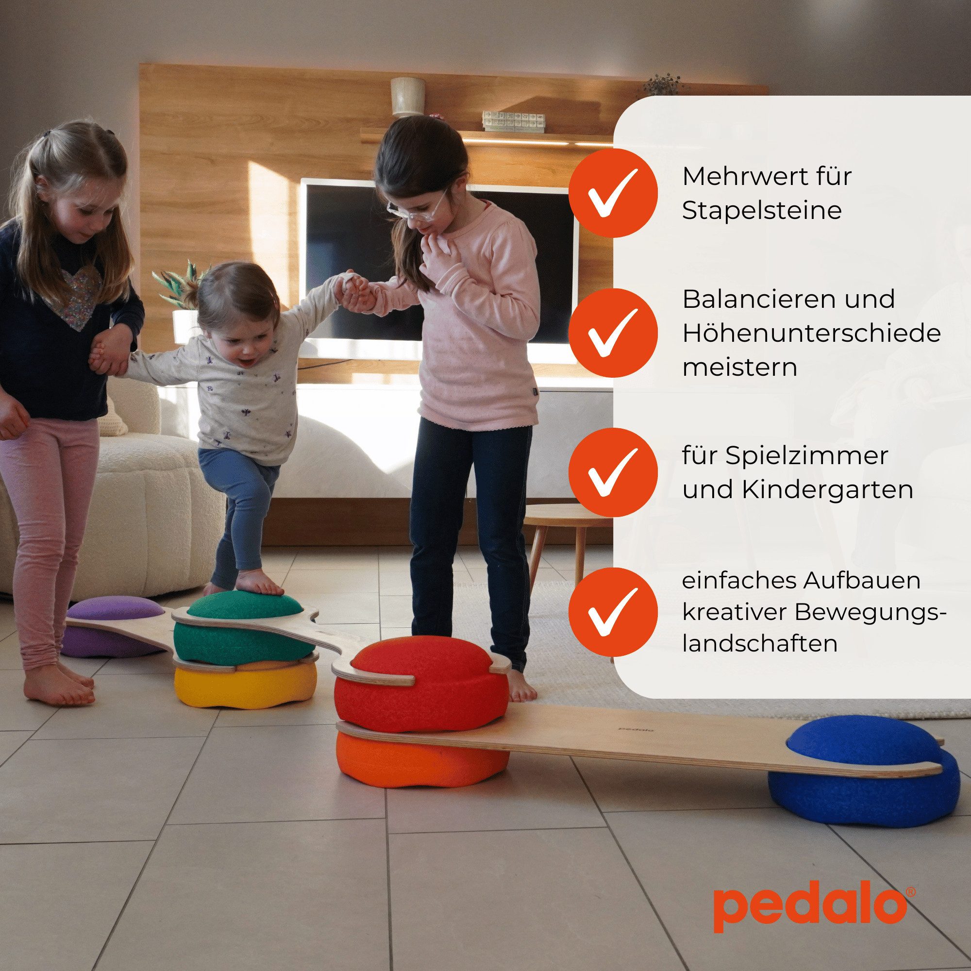 pedalo® Balanceboard Stapelbaustein Balanciersteg / Gleichgewicht Parcours / Kinder, Passend für original Stapelsteine, Schmal