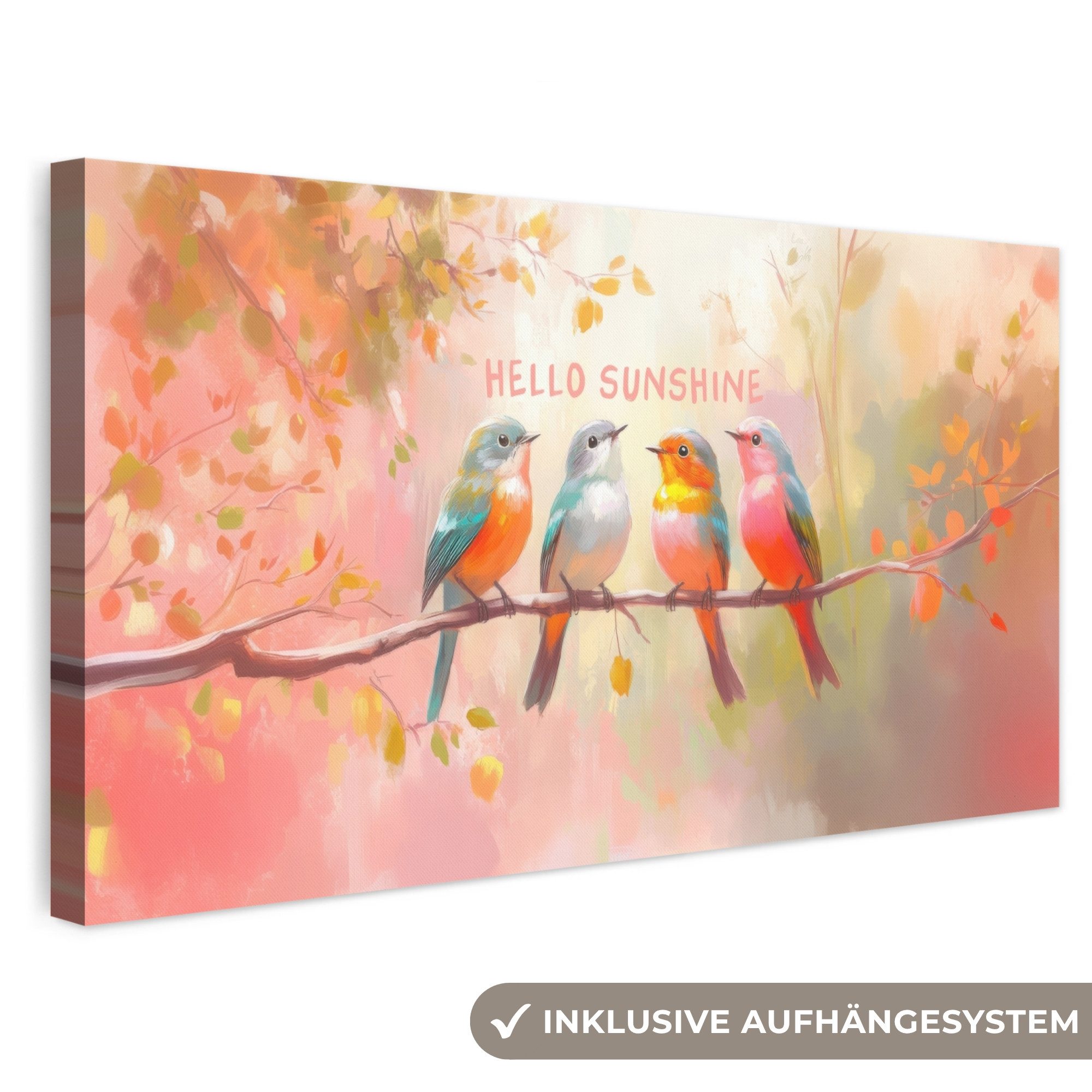 OneMillionCanvasses® Leinwandbild Panorama Vögel - Zweig - Zitat - Rosa, Fotodruck (1 St), Wandbild, Deko Schlafzimmer Wohnzimmer Flur 40x20 cm