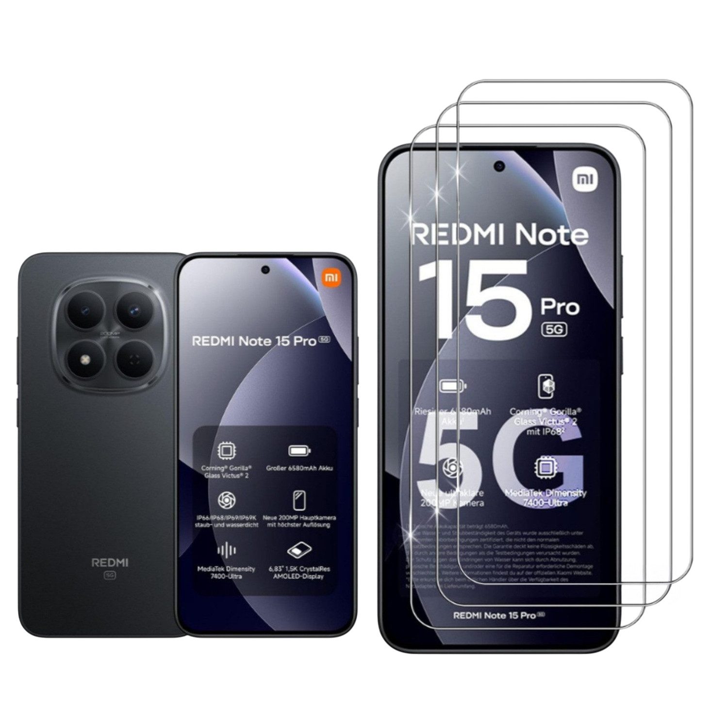 CLM-Tech Displayschutzglas 3X für Xiaomi Redmi Note 15 Pro 5G 6,83 Zoll, (Nicht 4G) Panzerglas Folie - Blasenfreie Anbringung und kratzfest -, 3 Stück, Anti-Fingerabdruck