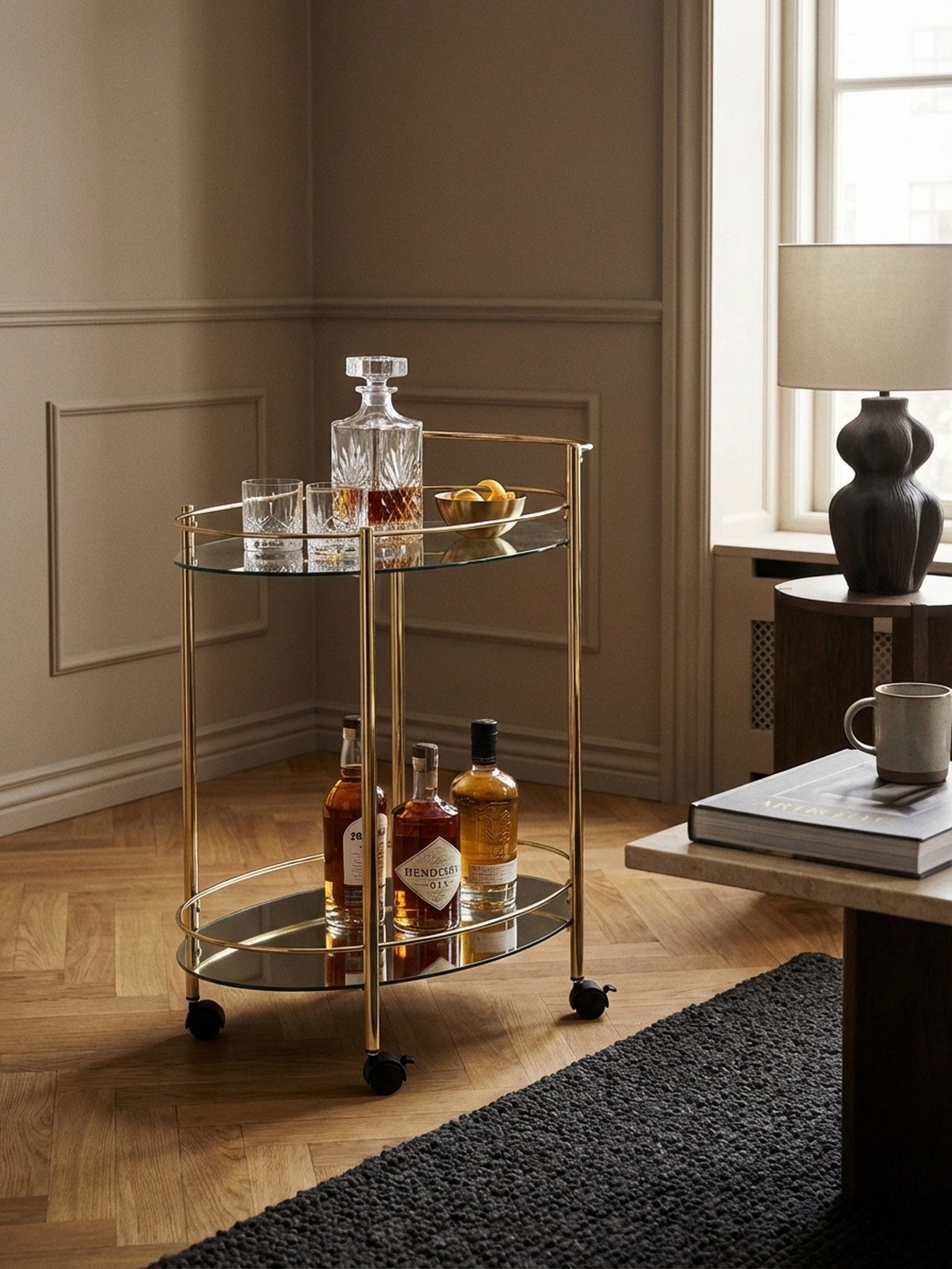 KADIMA DESIGN Servierwagen Design Servierwagen Gold 67x79 cm Mobile Mini Bar, Beistelltisch auf, (Milchglas), Rollen, Speisewagen mit Glasplatte Weiß, Küchenwag – Bild 2 von 5
