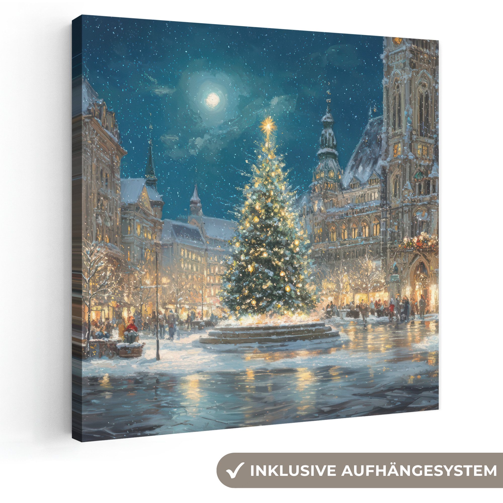 OneMillionCanvasses® Leinwandbild Heiligabend - Town Square - Mehrfarbig, Fotodruck (1 St), Wandbild, Deko Schlafzimmer Wohnzimmer Flur 20x20 cm
