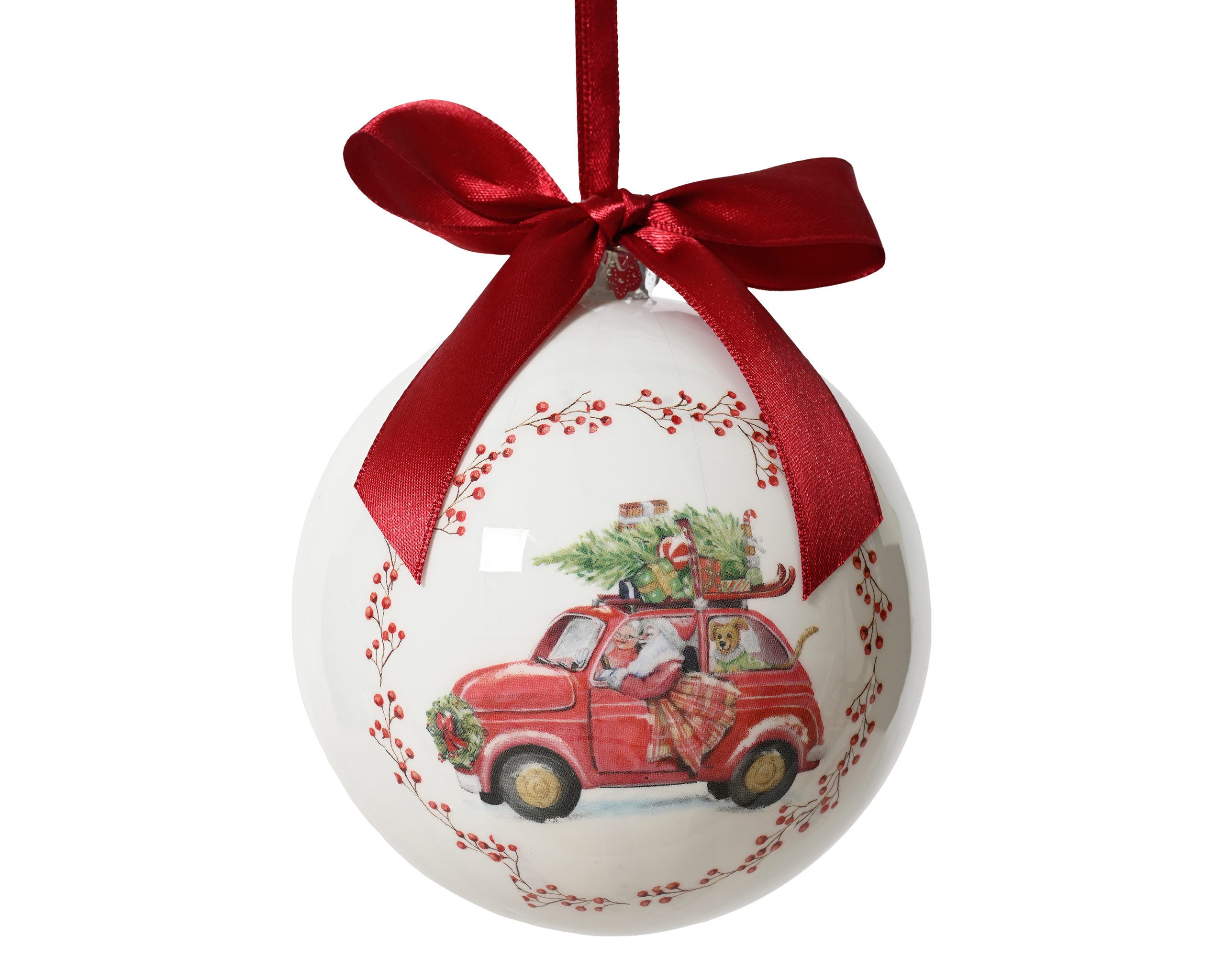 Kaemingk Weihnachtsbaumkugel, Weihnachtskugel Kunststoff 10cm mit Weihnachtsauto Motiv Weiß / Rot