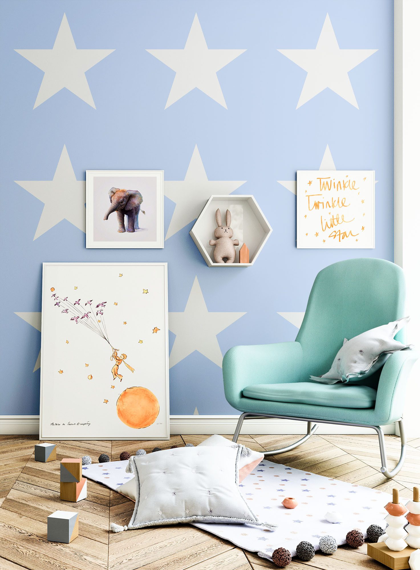 Newroom Vliestapete Türkis Tapete Kinderzimmer Sterne, Babytapete