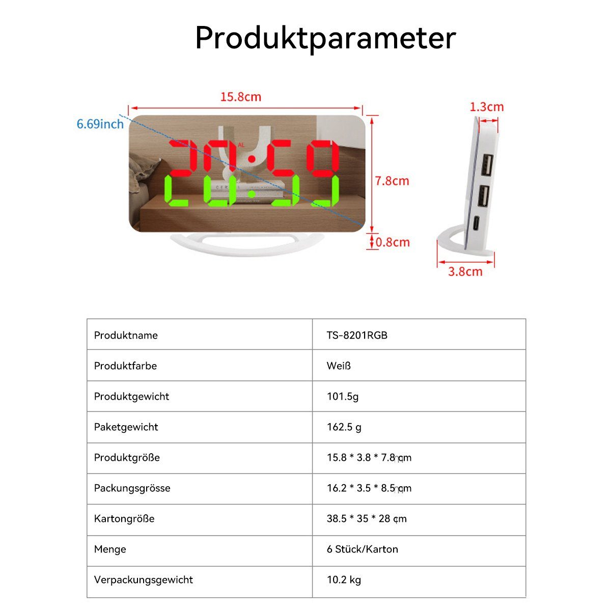 Erkennung DOPWii Spiegelwecker, 7-farbiger automatischer mit RGB-LED-Wecker Wecker