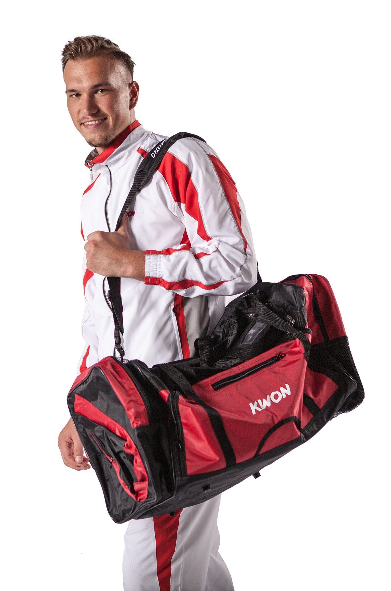 KWON Sporttasche Evolution schwarz rot 70 cm Taekwondo TKD Trainingstasche  (Lieblingstasche, 2 Farben), Sehr viele praktische Fächer, geräumig,  Nassfach