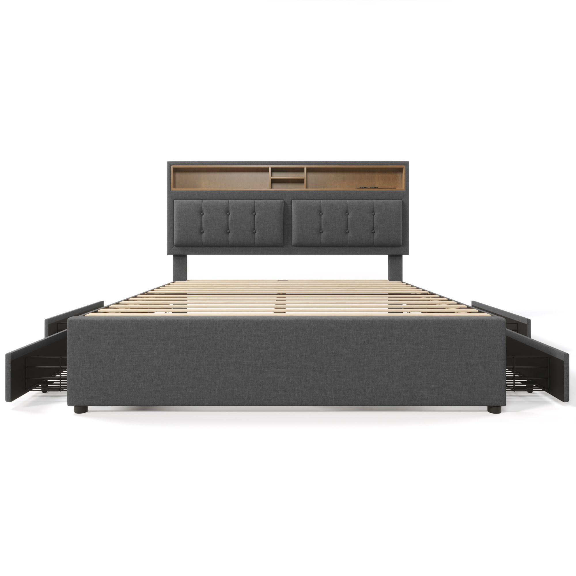 Polsterbett (Doppelbett mit Lattenrost und 4 Schubladen), Stauraumbett 160x200cm mit USB Typ C Ladefunktion Kopfteil, Leinen