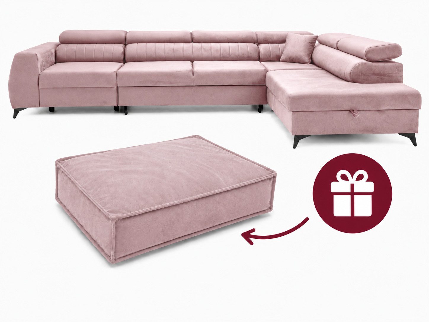 Muffo Ecksofa PIERO MAXI + Haustierbett in der Farbe des Möbelstücks GRATIS, mit Schlaffunktion und Bettkasten, Verstellbare Kopfstützen