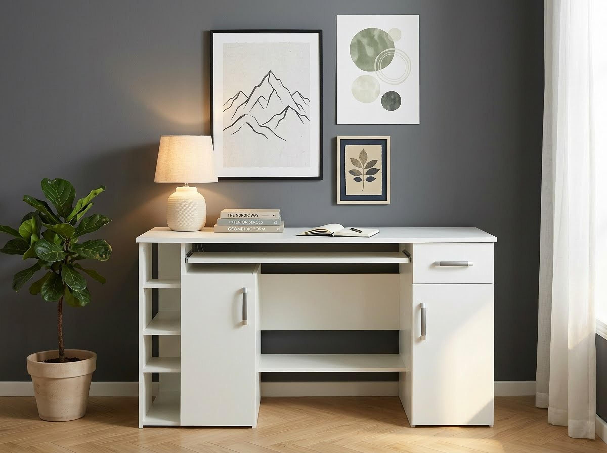 VOGL Möbelfabrik Schreibtisch Tim mit seitlich offenen Fächern & Tastaturauszug, Druckerablage, 1 Schublade, Breite 138 cm, Made in Germany