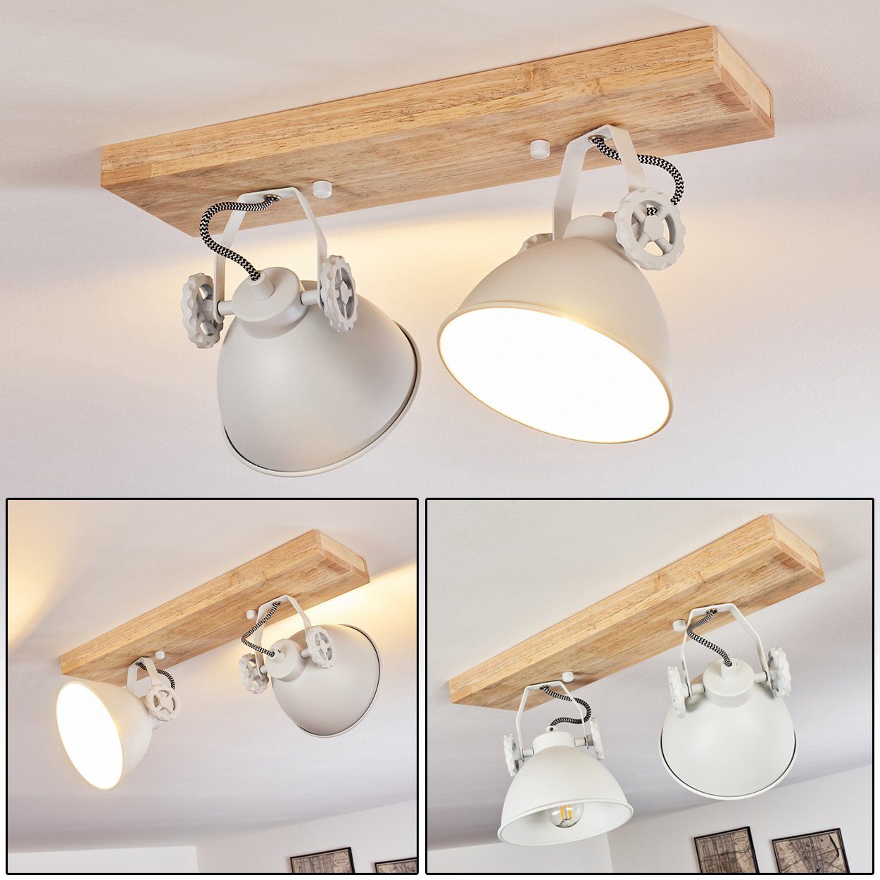 hofstein Deckenleuchte »Mot« Deckenlampe aus Metall/Holz in Weiß/Natur, ohne Leuchtmittel, mit verstellbaren Strahlern, 2xE14, Retro/Vinatge Design