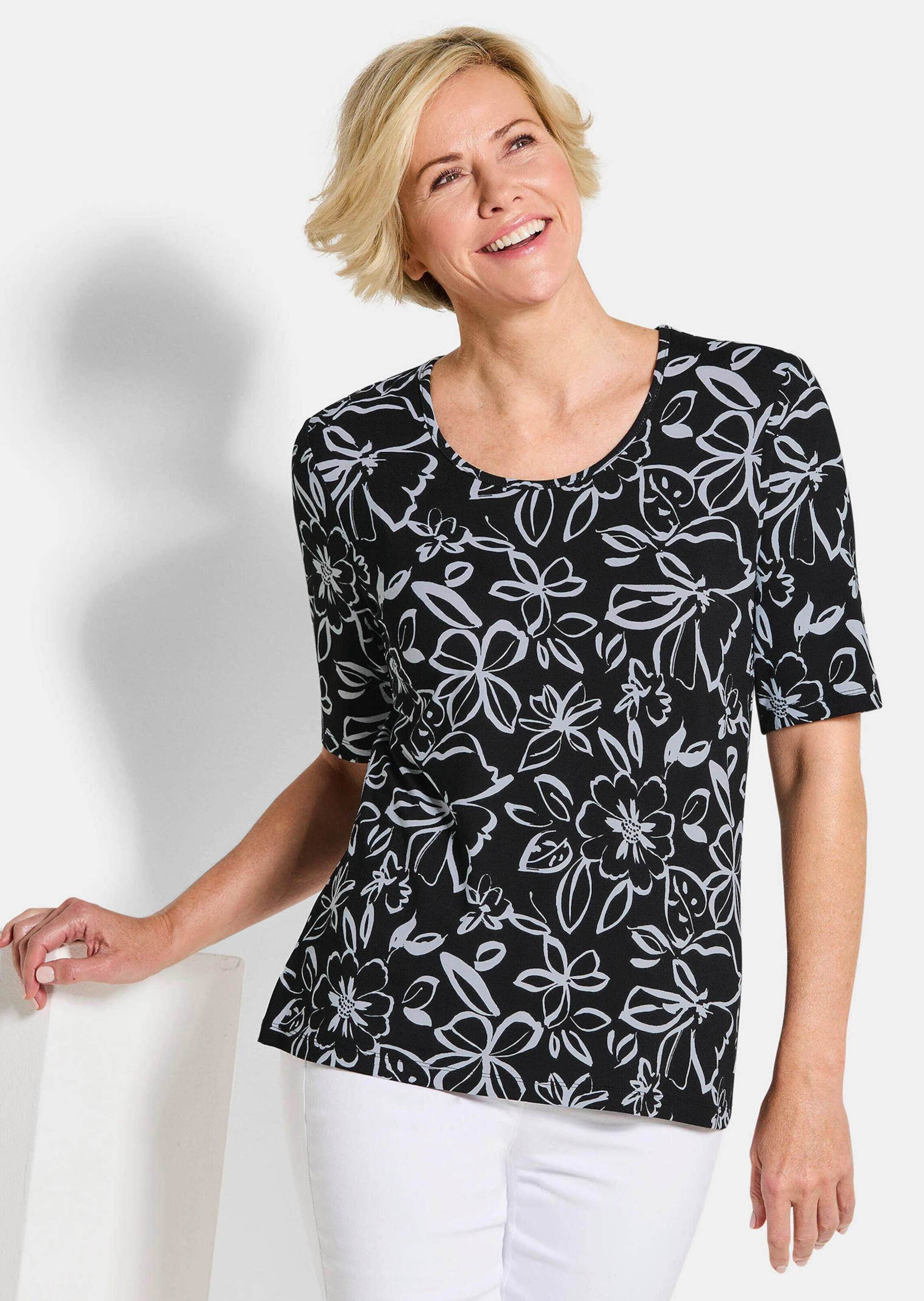 GOLDNER Print-Shirt Kurzgröße: Cityshirt mit floralem Design Druckshirt mit Rundhalsausschnitt und Halbarm