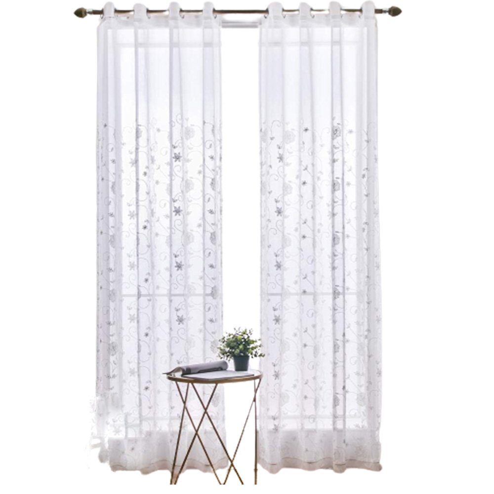 270X100cm FELIXLEO Vorhänge Stickerei Blumen 2er Voile Set, Durchsichtig Gardine Weiß