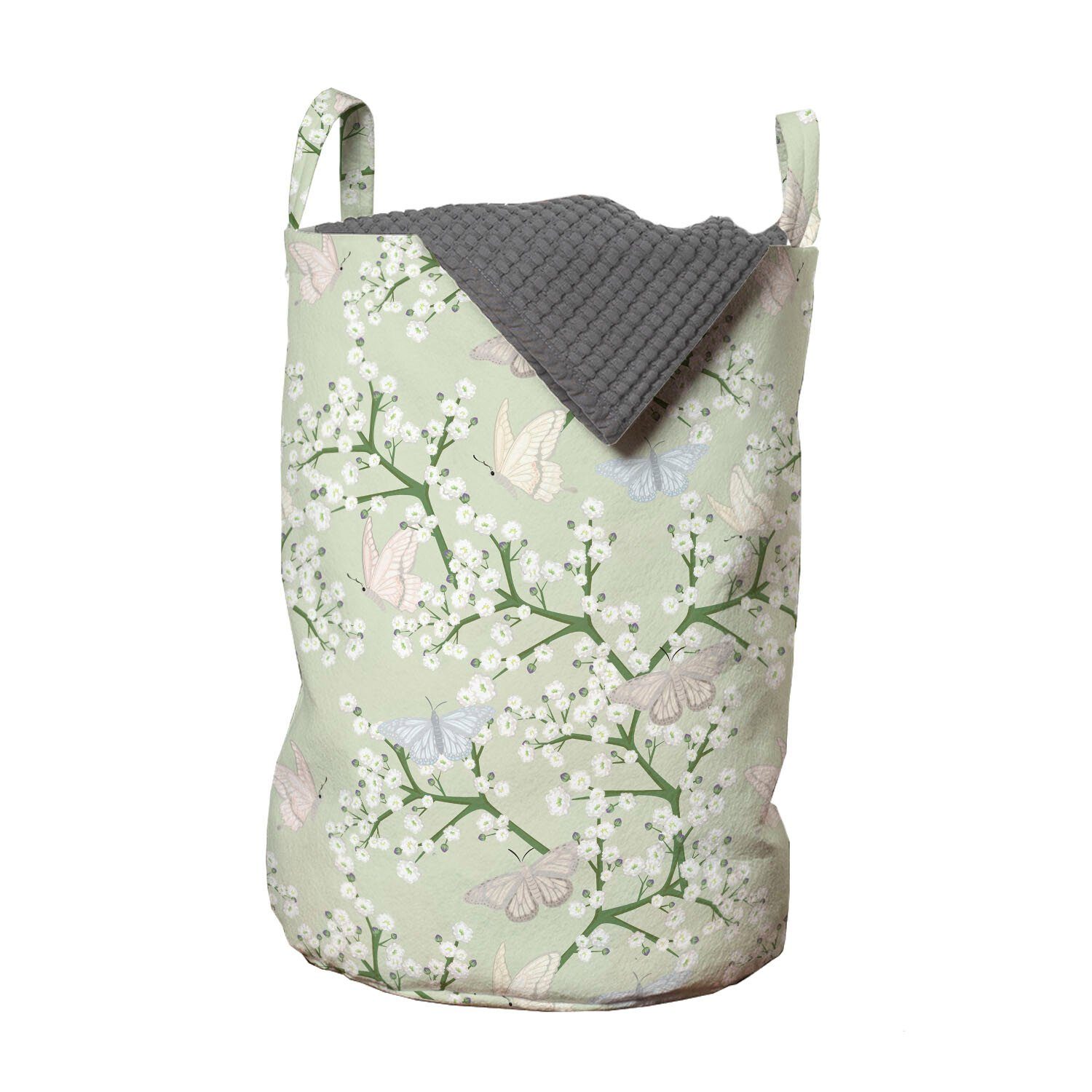 Abakuhaus Wäschesäckchen Wäschekorb mit Griffen Kordelzugverschluss für Waschsalons, Blumen Insekten Pastell Branchen Kunst