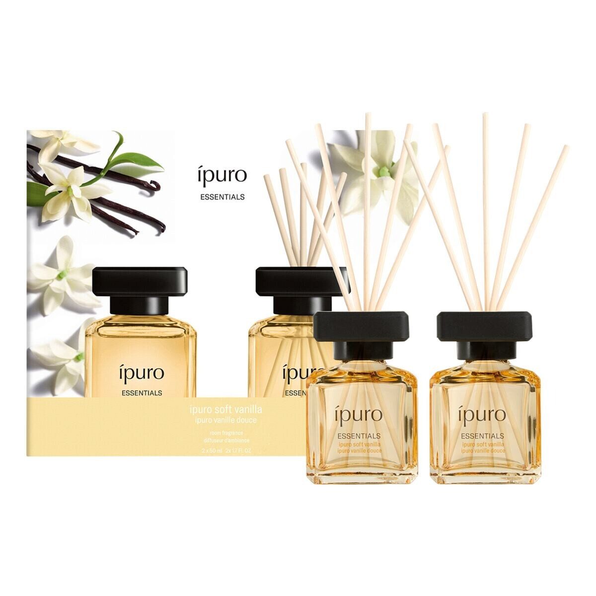 IPURO Raumduft Soft Vanilla Touch, 2x 50 ml, Glasflakon mit Rattan-Holzstäbchen