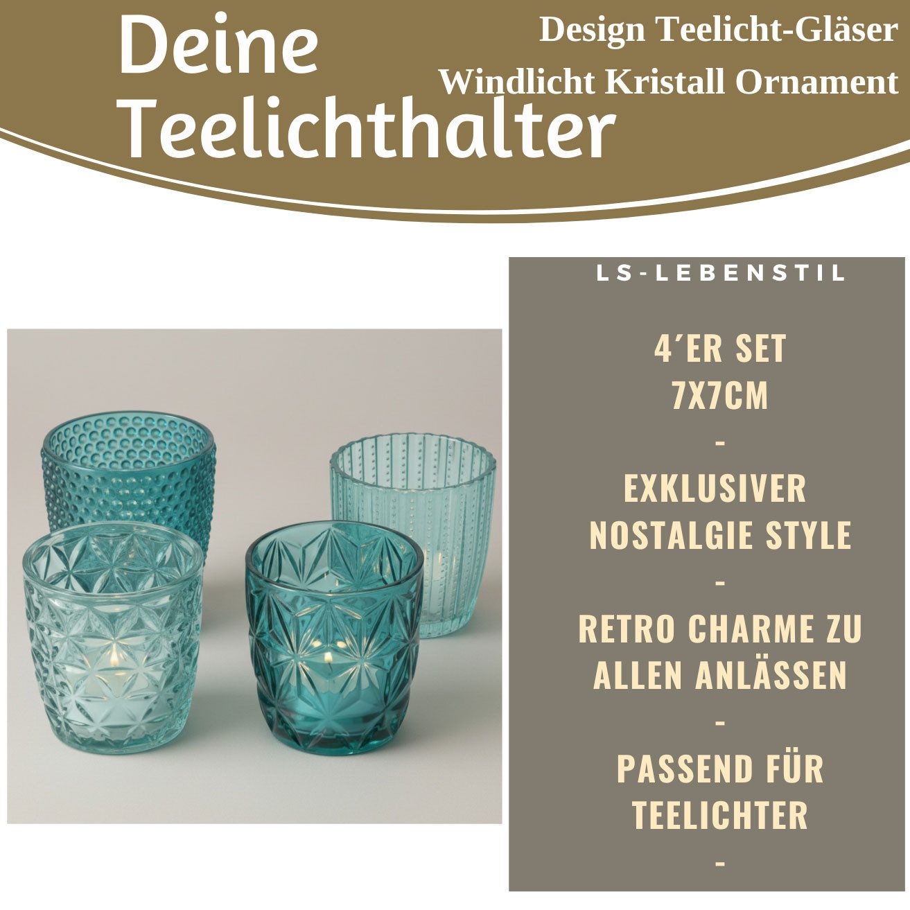 LS-LebenStil Teelichthalter 4´er Set Teelichtgläser Retro Türkis 7cm Glas Windlicht (4´er Set Kristall Ornament Windlicht für Teelichter, 4 St., Halter Kerzenständer Tischdeko Kerzenhalter Gläser für Teelichter), 7x7cm, 4´er Set Kristall Ornament Windlicht für Teelichter