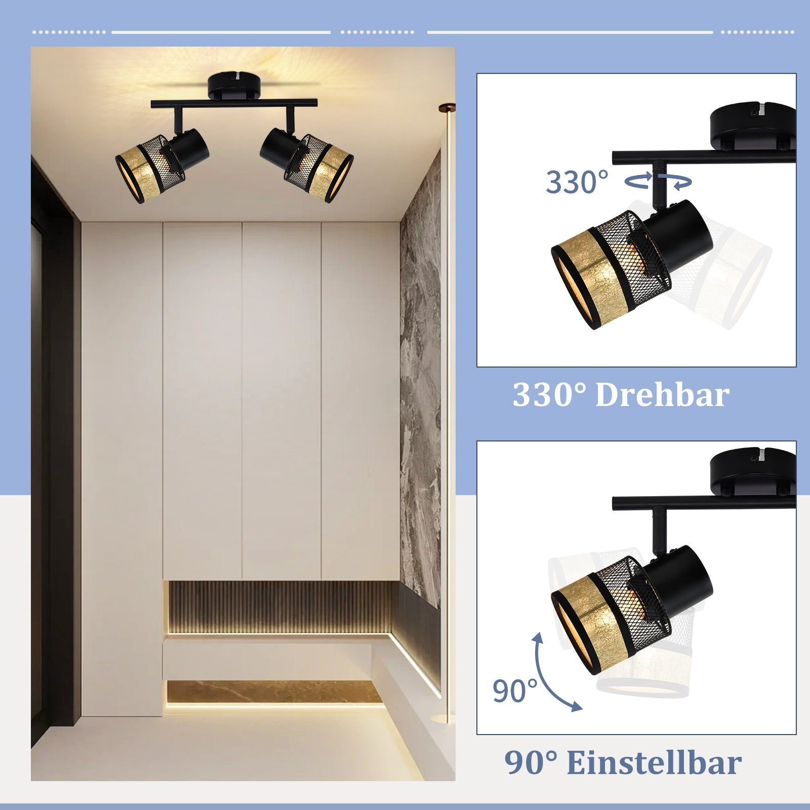 Nettlife Deckenstrahler 1/2/3/4 Flammig Schwarz Vintage E27 Flur Metall Deckenleuchte, 330°Drehbar, LED wechselbar, für Wohnzimmer Schlafzimmer Küche Treppe Ess – Bild 3 von 5