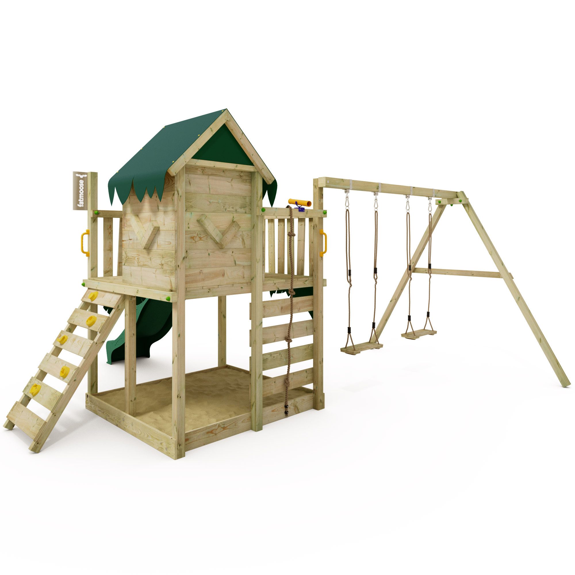 FATMOOSE Klettergerüst JazzyJungle Jam XXL mit Schaukel – Spielturm mit Rutsche, (Outdoor-Spielhaus mit Kletterwand, Wellenrutsche & Sicherheitshandgriffen für aktive Kinder, Kletterturm für kleine Entdecker & Freunde – perfekt für Rollenspiele), extrem witterungsbeständig mit 10 Jahren Garantie*