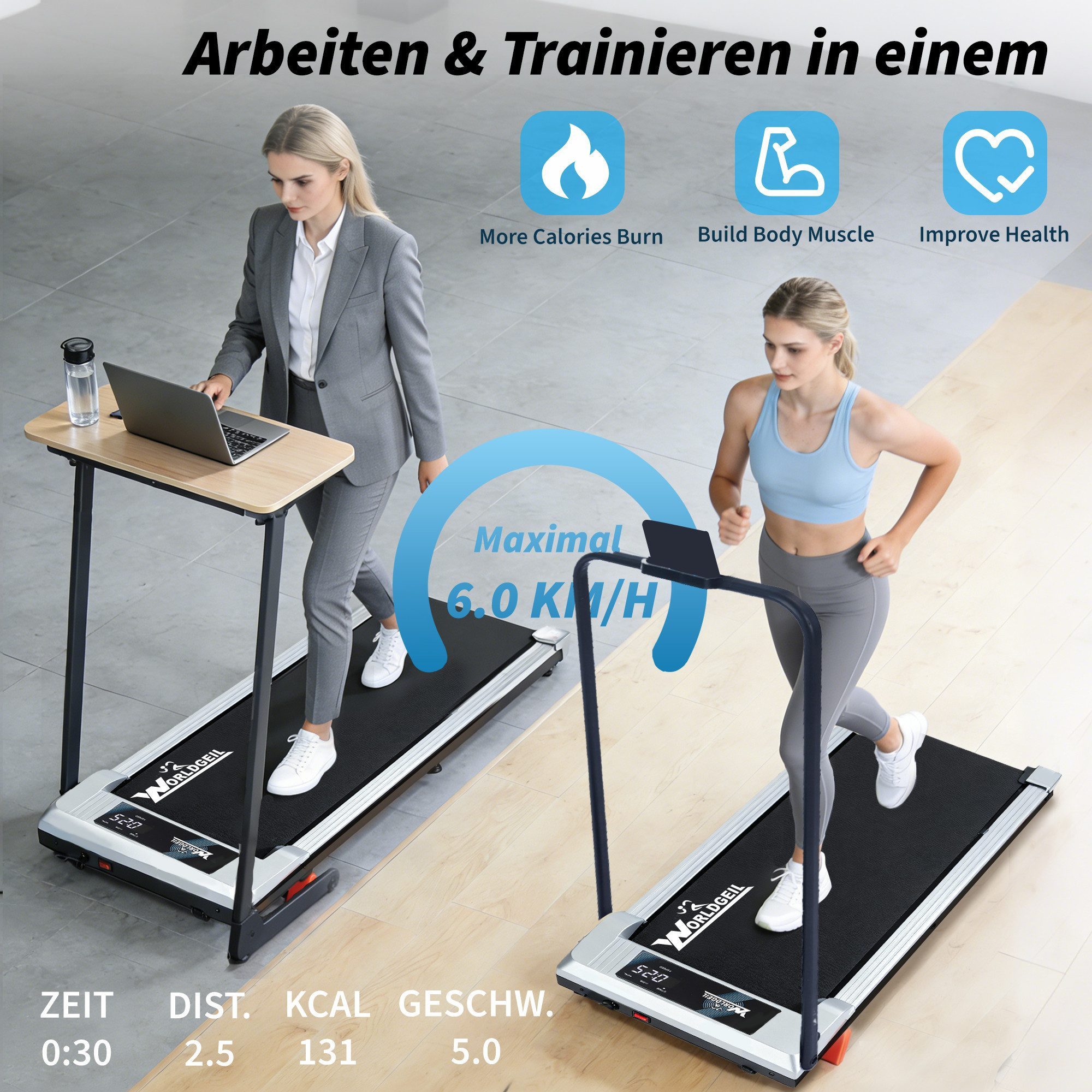 Nettlife Laufband klappbar Zuhause Leise Treadmill LED Anzeige Fembedienung Walking Pad (Mit Armlehnen), Geschwindigkeiten von 1–6 km/h