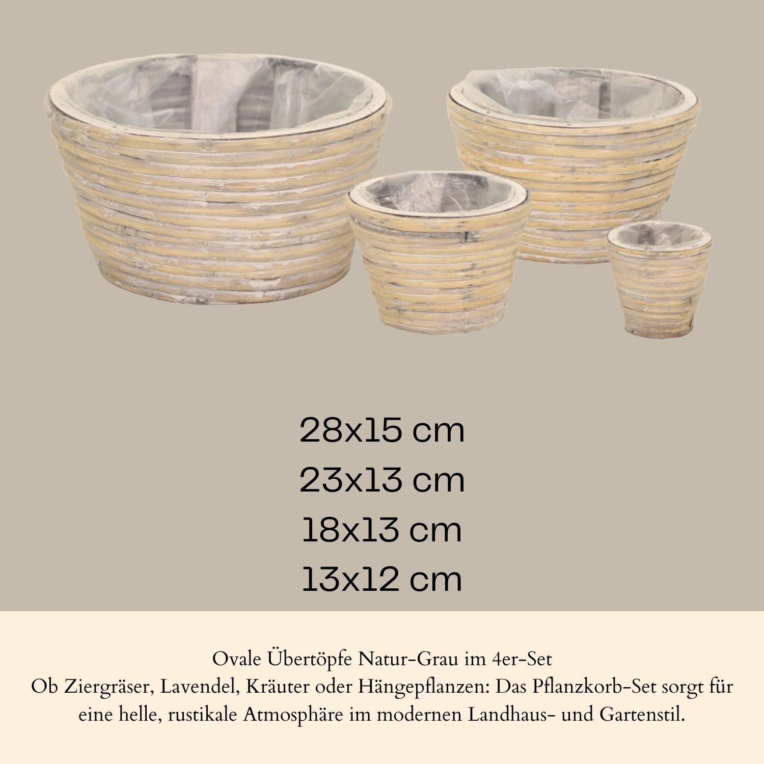 Marrakesch Orient & Mediterran Interior Übertopf 4er Set Boho Pflanzkorb Rattan handgefertigt in Grau 28 cm handgemacht (4 St), Handarbeit