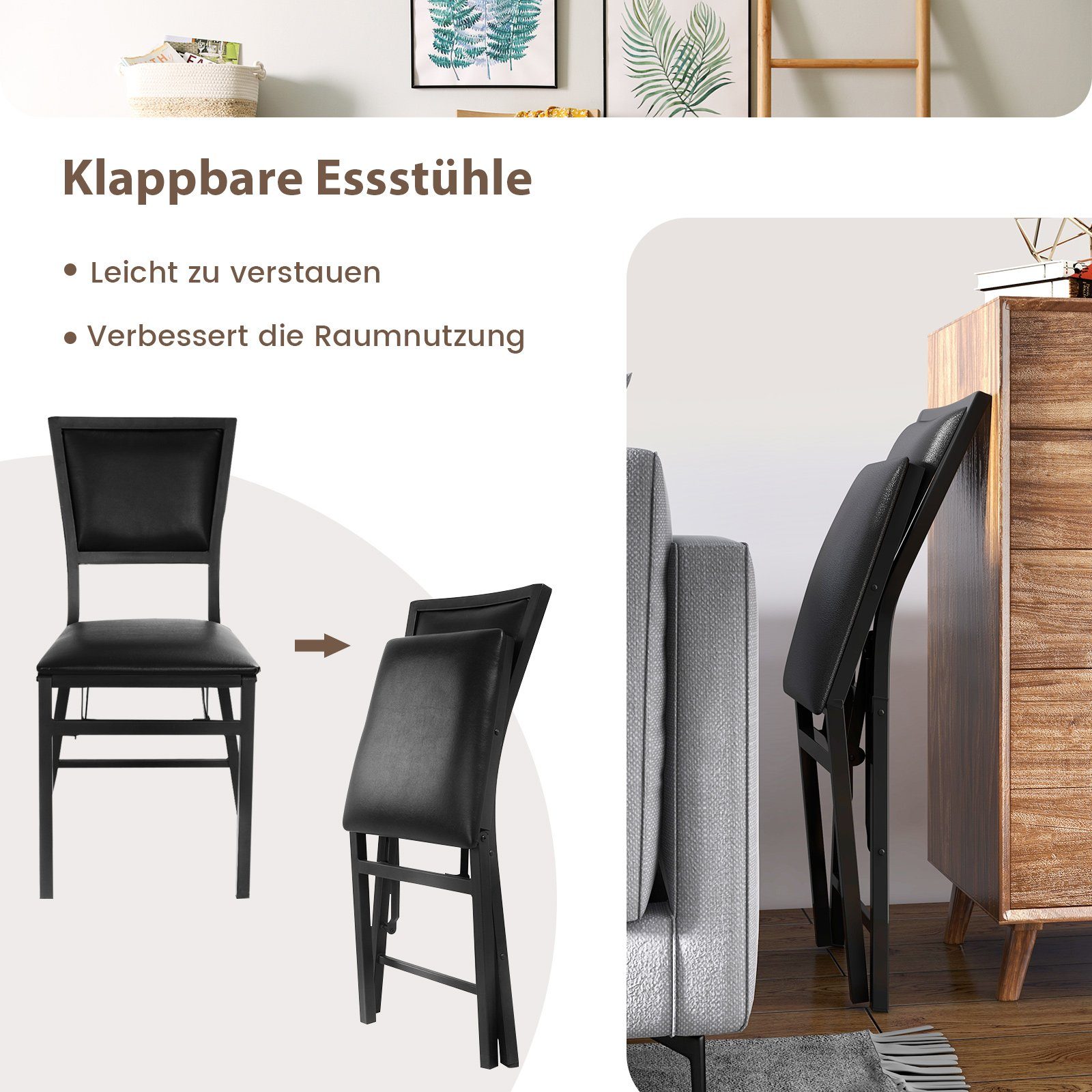 COSTWAY Esszimmerstuhl, 2er Set, klappbare Küchenstühle, gepolstert, Metall